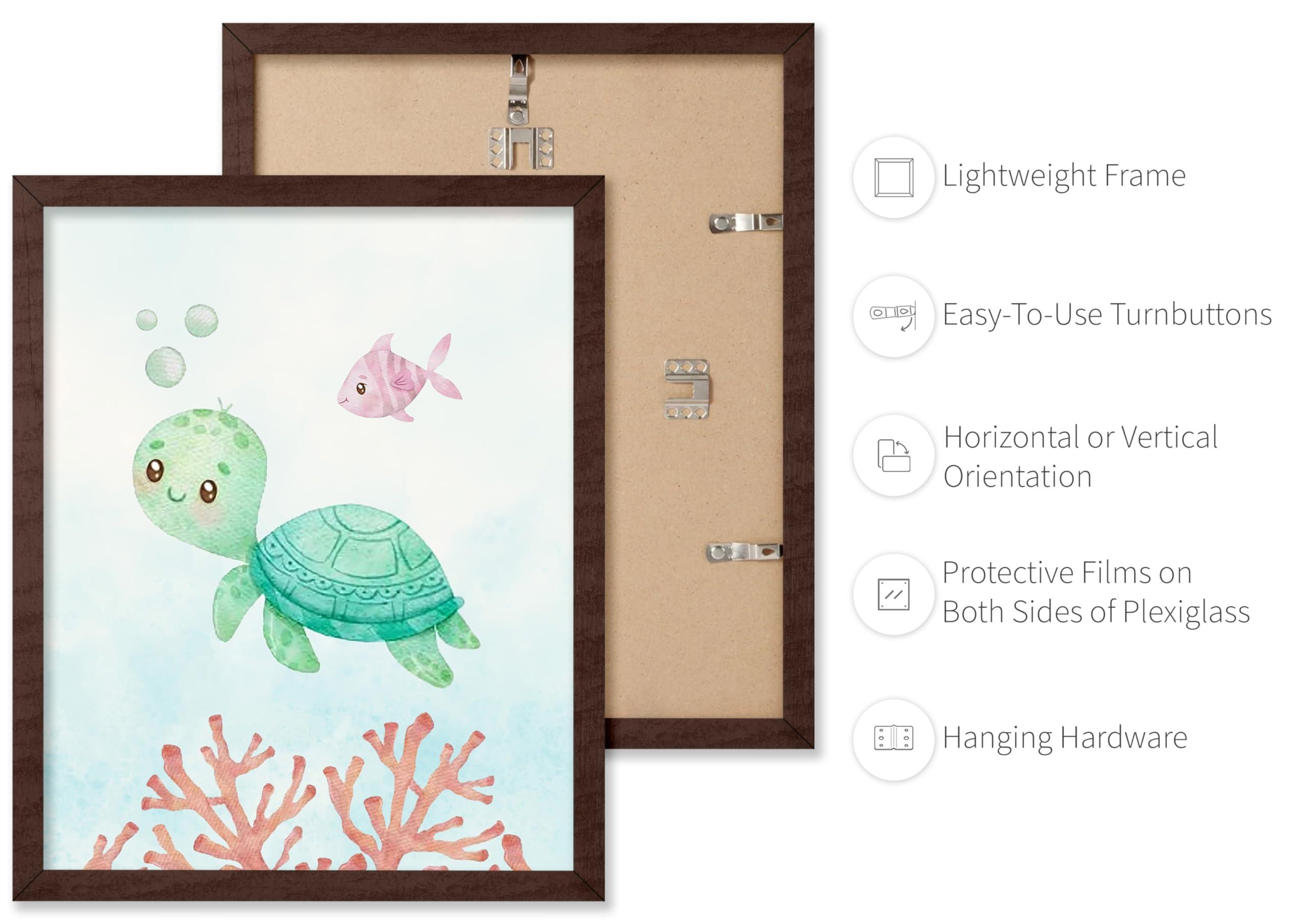 Poster Master Poster Master 6-Piece Sea Animals Poster - Aquatic Print - Pastel Color Art - Marine Life Art - Gift for Boys, Girls & Parents - Decor for Playroom, Kid\'s Room or Nursery, 8x10 Brown Framed
