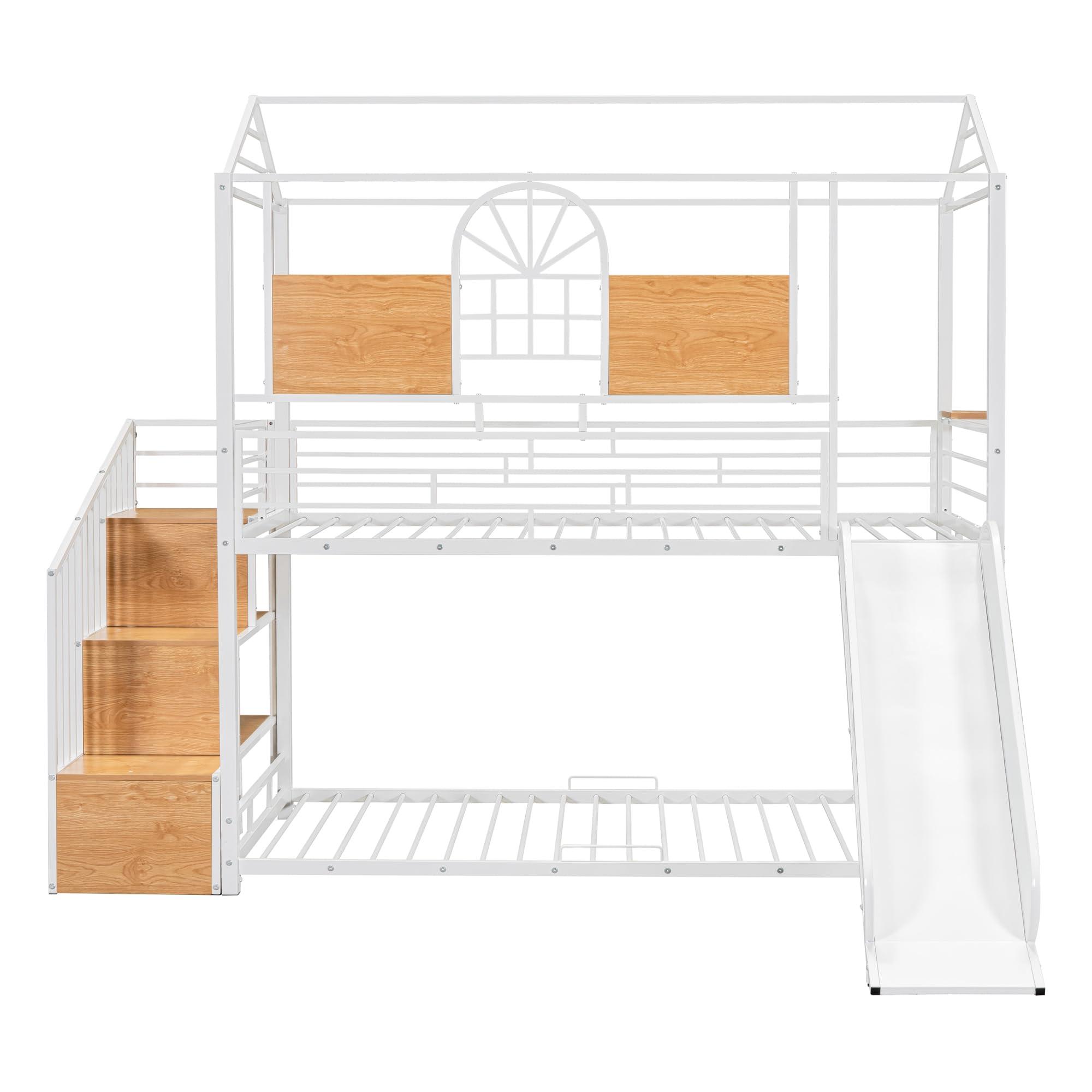SOFTSEA SOFTSEA Metal Bunk Bed Twin Over Twin House bed with Slide and Storage Stair, for Kids Teens Bedroom, White with White Slide