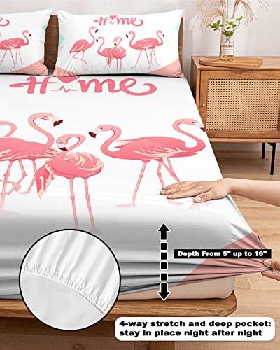 ZFUNCING Romantic Summer Flamingo Love Heart Tropical Animal Fitted Bed Sheets Twin Size Fit 5-16inch Deep Pockets,Luxury Bottom Sheet Bedding Set with Pillow Case,Pink White Fitted Sheet for Mattress