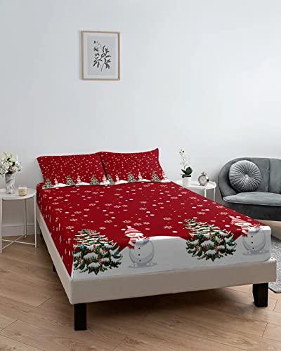 ZFUNCING Christmas Snowman on Snowy Season Fitted Bed Sheets Queen Size Fit 5-16inch Deep Pockets,Luxury Bottom Sheet Bedding Set with Pillow Case,Winter Whtie Snowflake on Red Fitted Sheet for Mattress