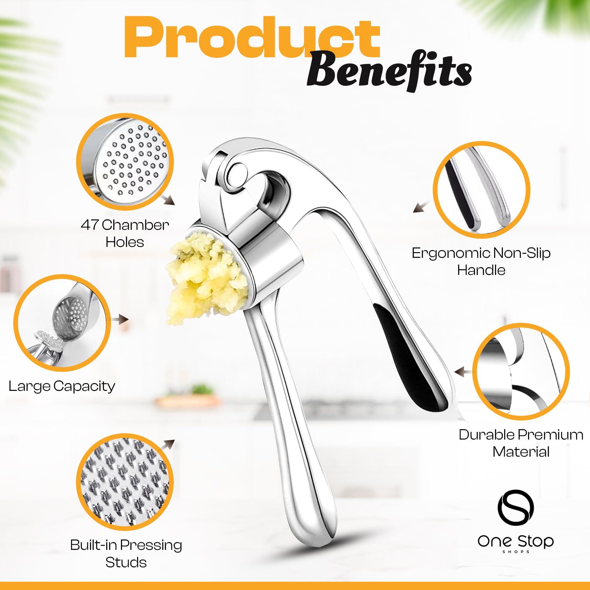 One Stop SHOPS Garlic Press Premium 3 Piece Set - Dishwasher Safe Professional Mincer with Soft Ergonomic Handle, Silicone Peeler, and Cleaning Brush