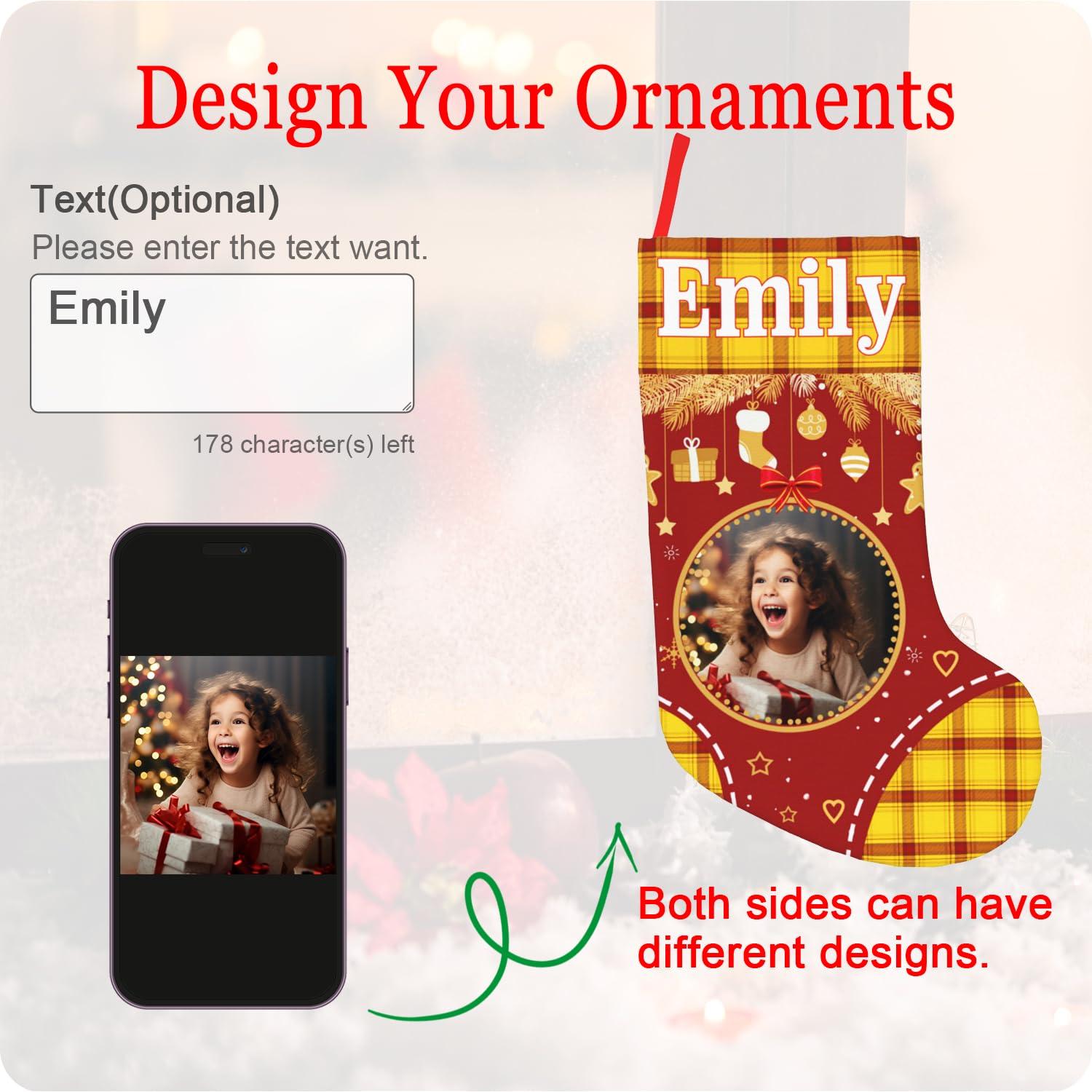 BUDAXCUST Personalized Christmas Stockings Custom Stocking with Name Picture Customized Xmas Stockings Personalized Buffalo Plaid Snowflake Stockings for Family Holiday Christmas Party Decor (Ornaments)