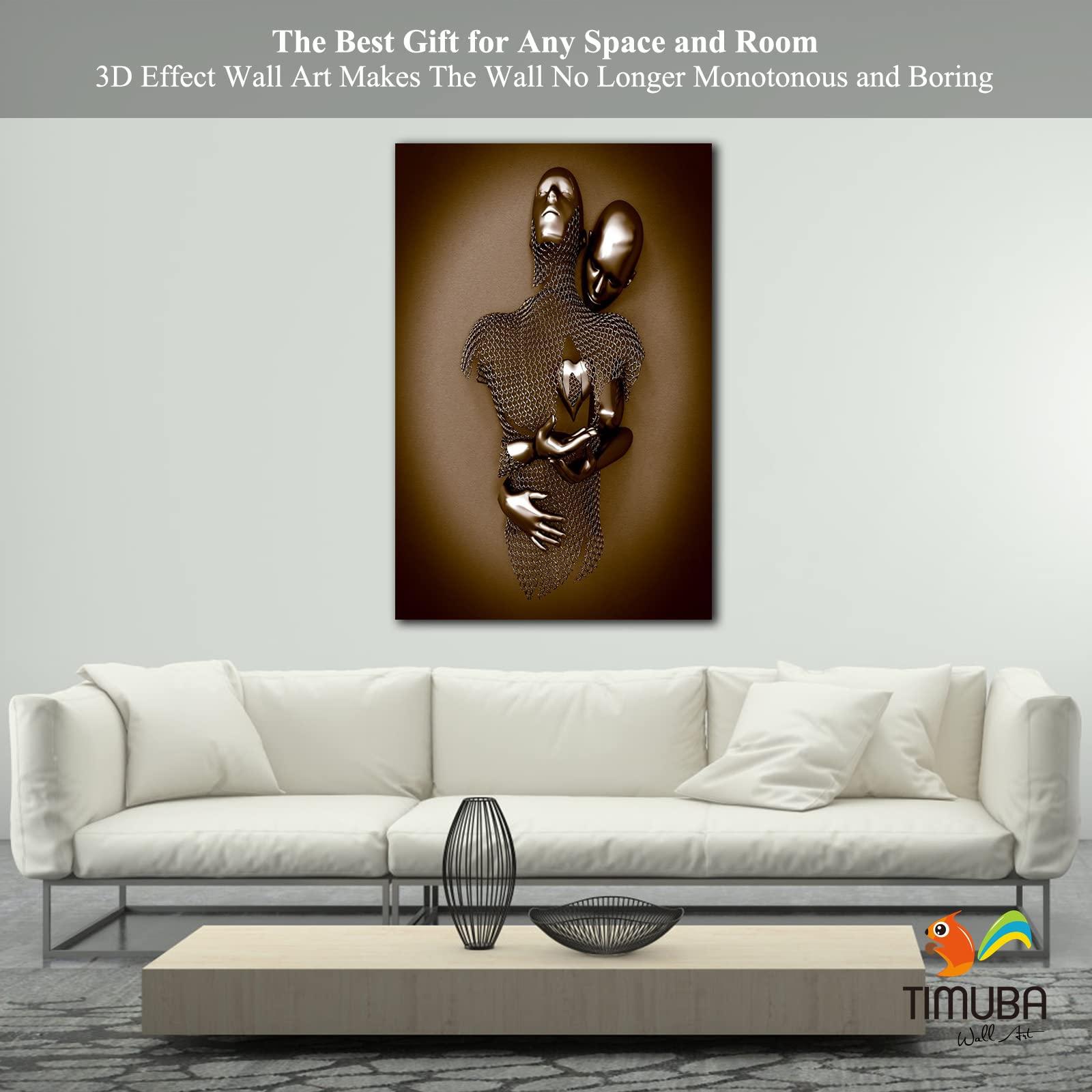 TIMUBA 3D Wall Art - Silver Gold Hugging Couple Wall Design, 3D Effect Love Metallic Art Print on Canvas for Bedroom Wall Decor, Modern Abstract Kissing Framed Art Pictures for Valentine's Gift 28x40 Inches