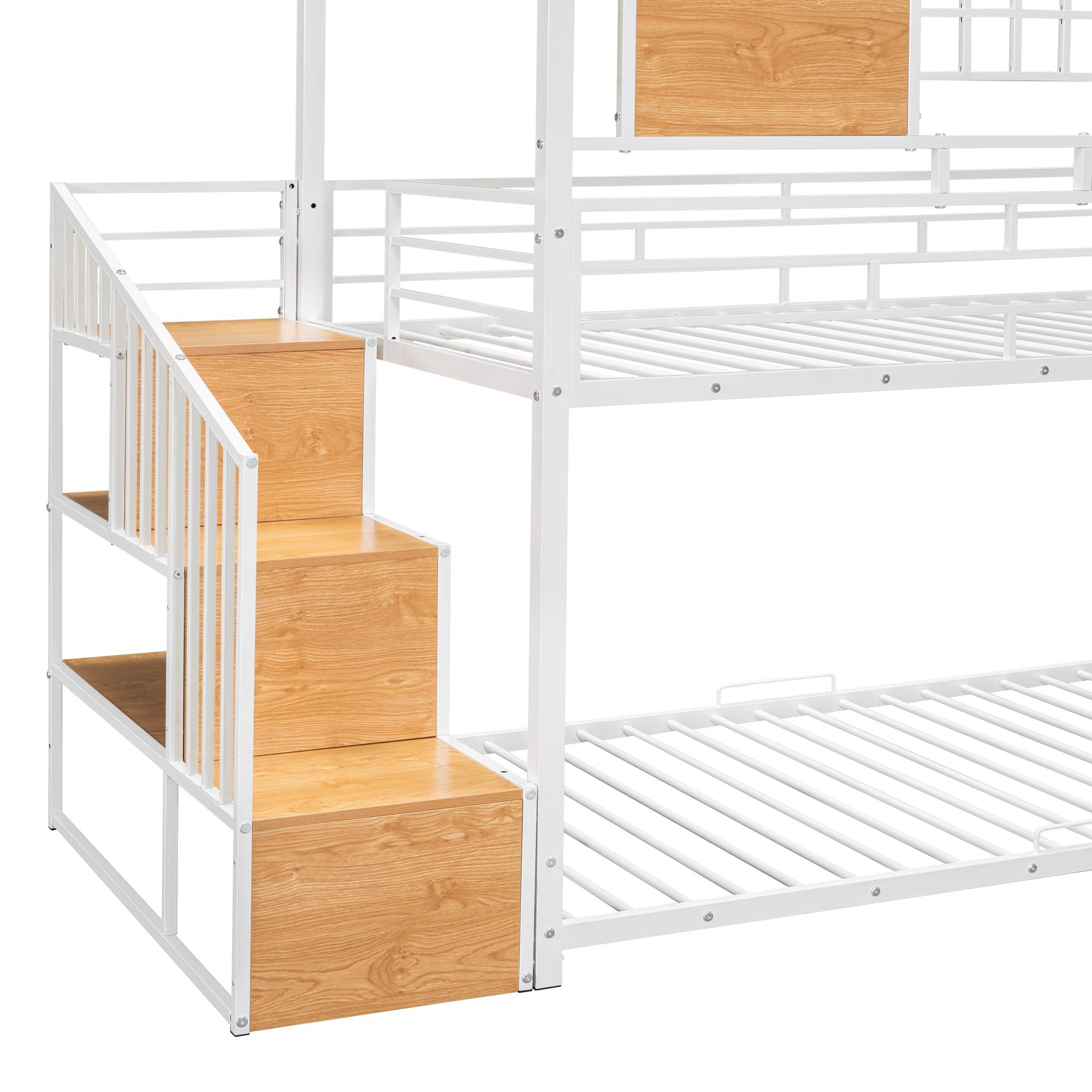 SOFTSEA SOFTSEA Metal Bunk Bed Twin Over Twin House bed with Slide and Storage Stair, for Kids Teens Bedroom, White with White Slide