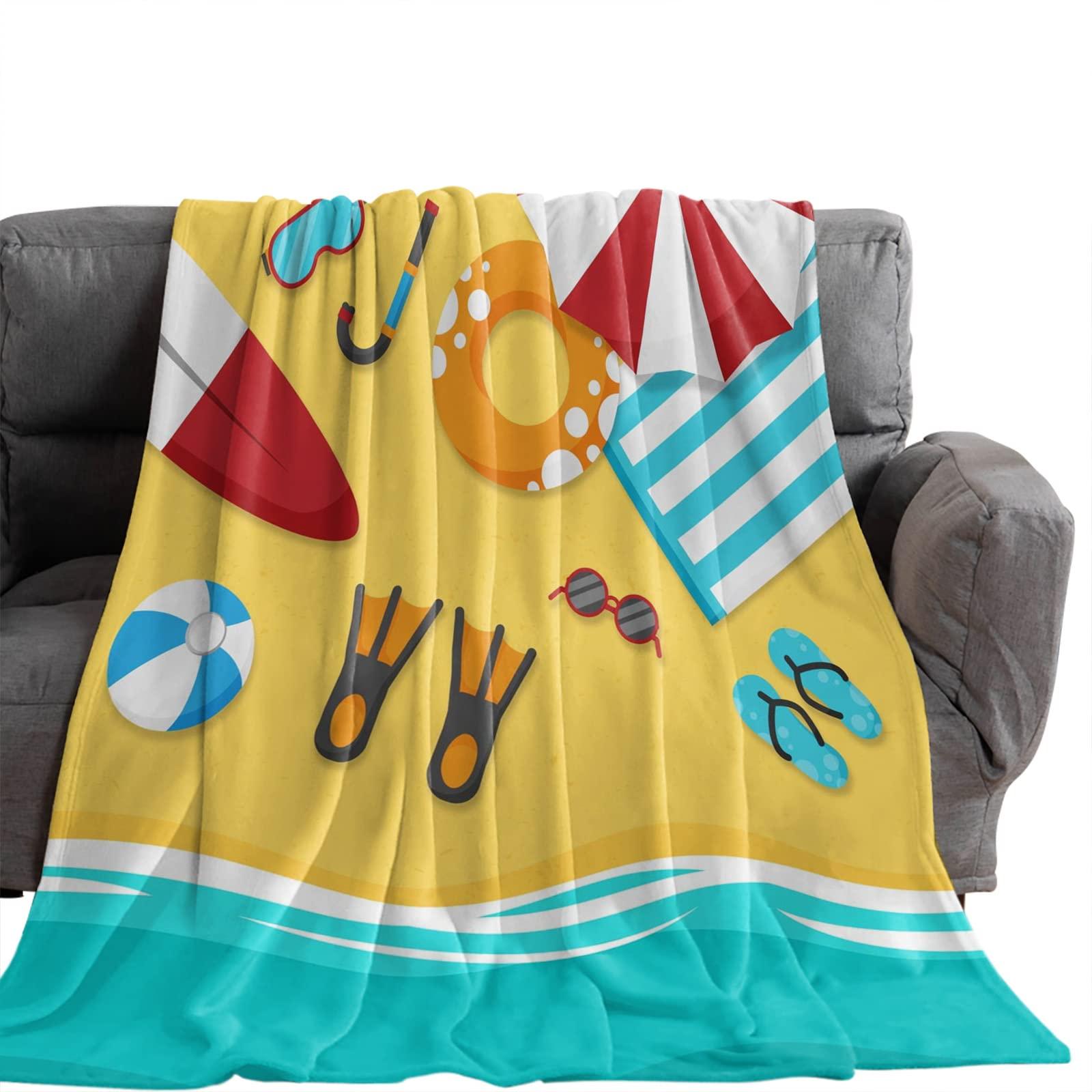 BOSIJOY Flannel Throw Blanket Ocean Summer Beach Ball Surfboard Swim Ring,Lightweight Soft Warm Fleece Blankets Sofa Couch Bedroom,Cartoon Marine Diving Flip-Flops Cozy Fuzzy Microfiber Throws 50x60In