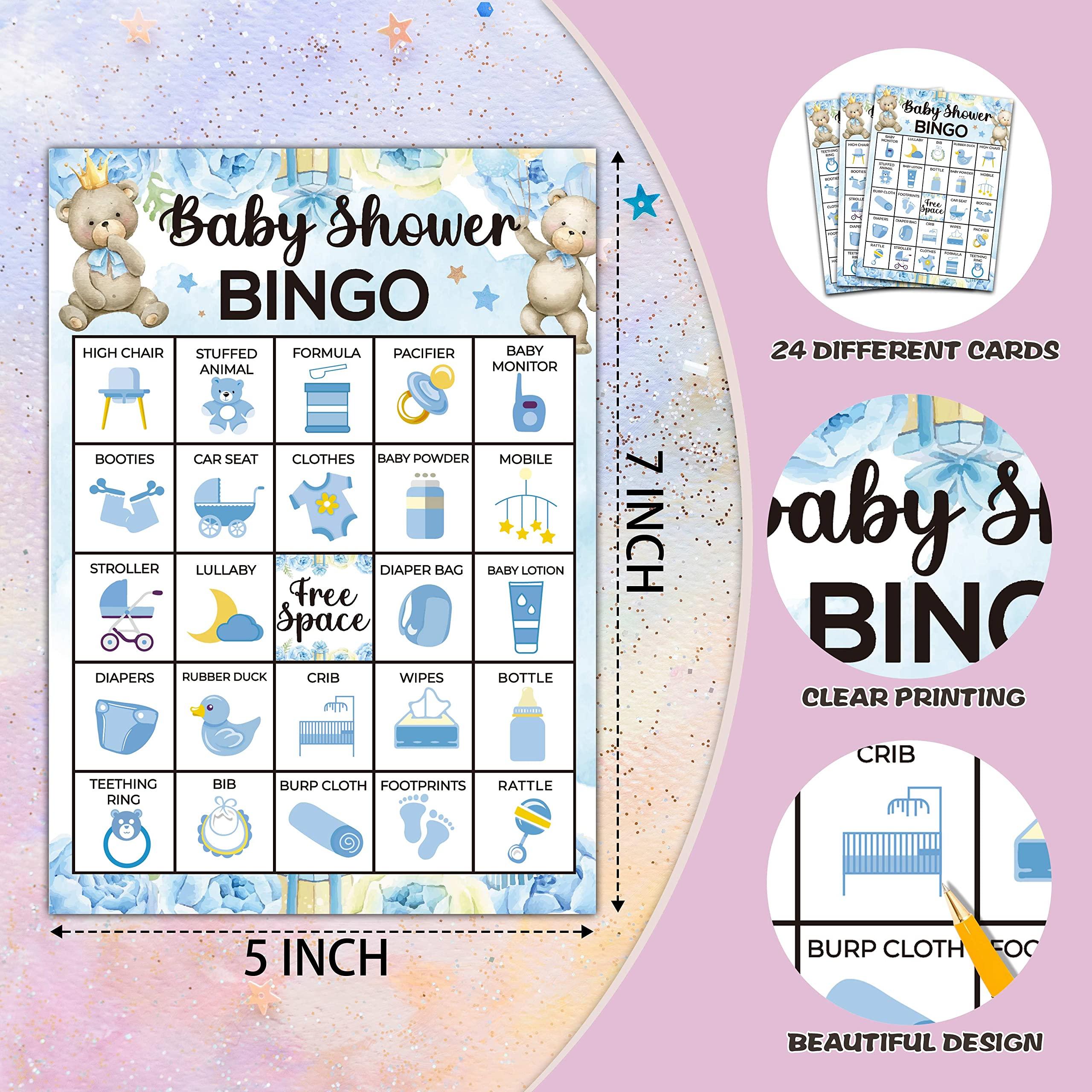 Foosproea Foosproea Baby Shower Bingo Games, Gender Neutral Baby Bingo Cards for 24 Players, Bear Balloons Card Game for Family Friends Activities, Watercolor Blue Baby Shower Party Supplies Decorations (04)