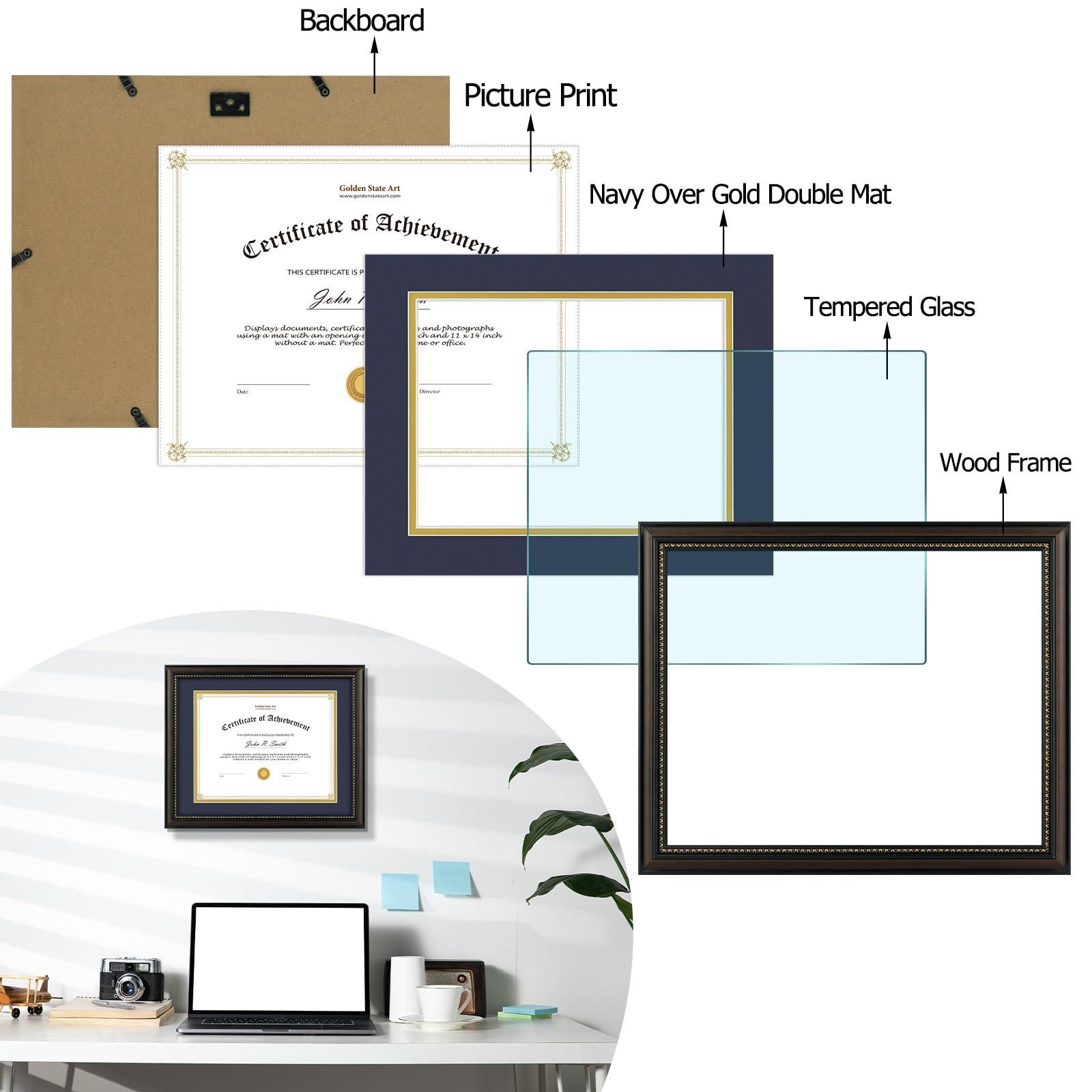 Golden State Art Golden State Art, 8.5x11 Diploma Frame, Solid Wood Brown with Gold Trim Certificate Frame, 8.5x11 or 11x14 Diploma Without Mat, Real Glass Front with Navy Over Gold Double Mat -6 Pack