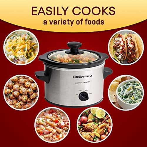 Elite Gourmet Elite Gourmet MST-250XS Electric Slow Cooker Ceramic Pot, Adjustable Temp, Entrees, Sauces, Stews & Dips, Dishwasher Safe Glass Lid & Crock, 1.5 Quart, Stainless Steel