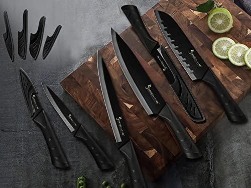 MAYiT Kitchen Knife Sets, 6pcs Black Knives Set Professional Chef Knife Tool DIY Roll Bag Portable Knives Kitchen Tools Slicing Santoku Fruit Knife with cover