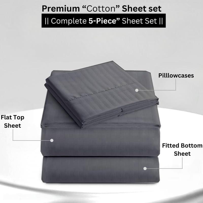 NON Sticky cotton Split King Bed Sheets 5 Pieces 400 Thread Count 100% Egyptian Cotton Sheets for Split King Adjustable Bed 18 Inch Deep Pocket Split King Sheets Sets for Adjustable Beds Dark Grey Stripe