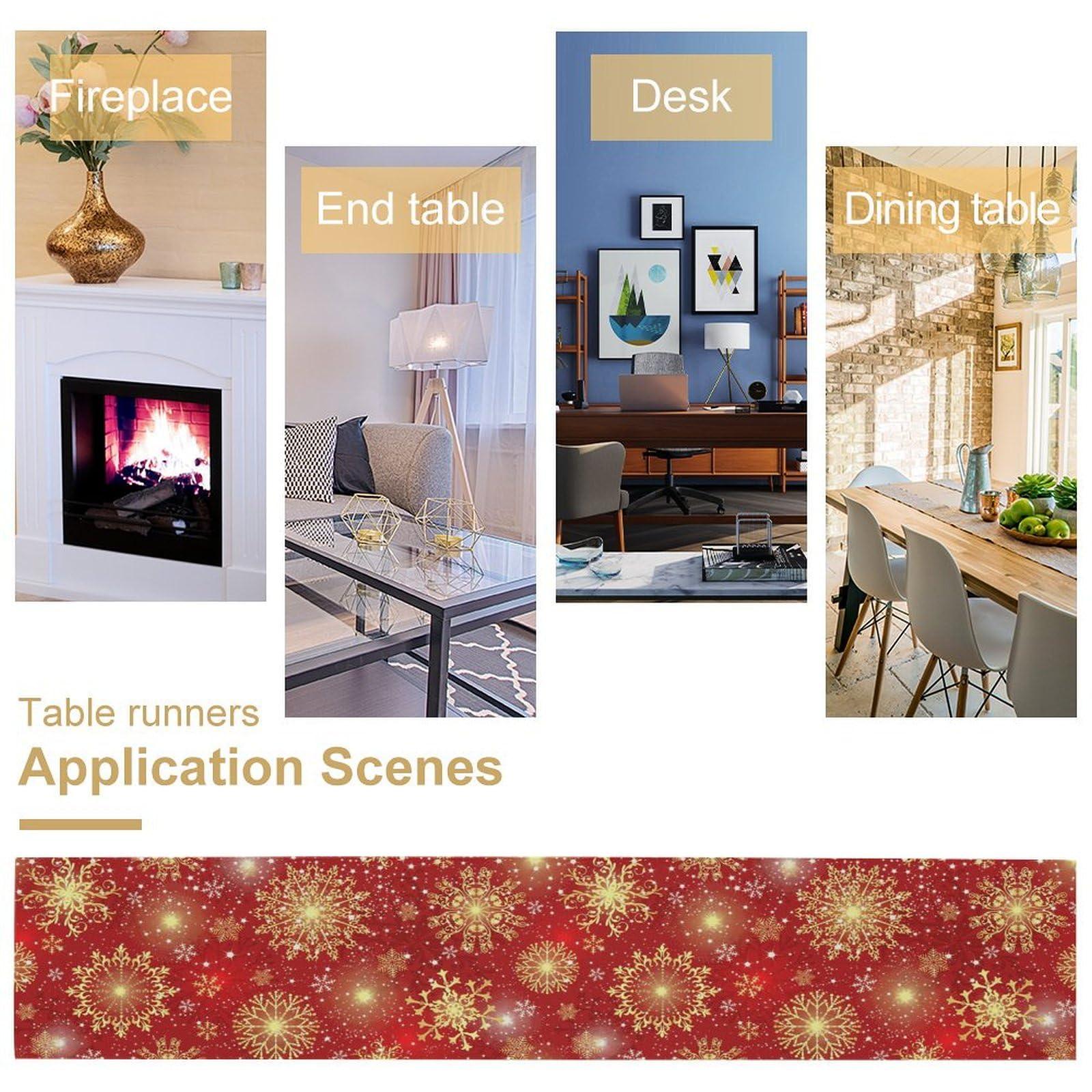 JanJCurt JanJCurt Golden Snowflake Table Runner, Happy New Year Red Golden Snowflakes Stars Winter Christmas Holiday Kitchen Dining Table Decoration for Home Party Decor, 13x90inch