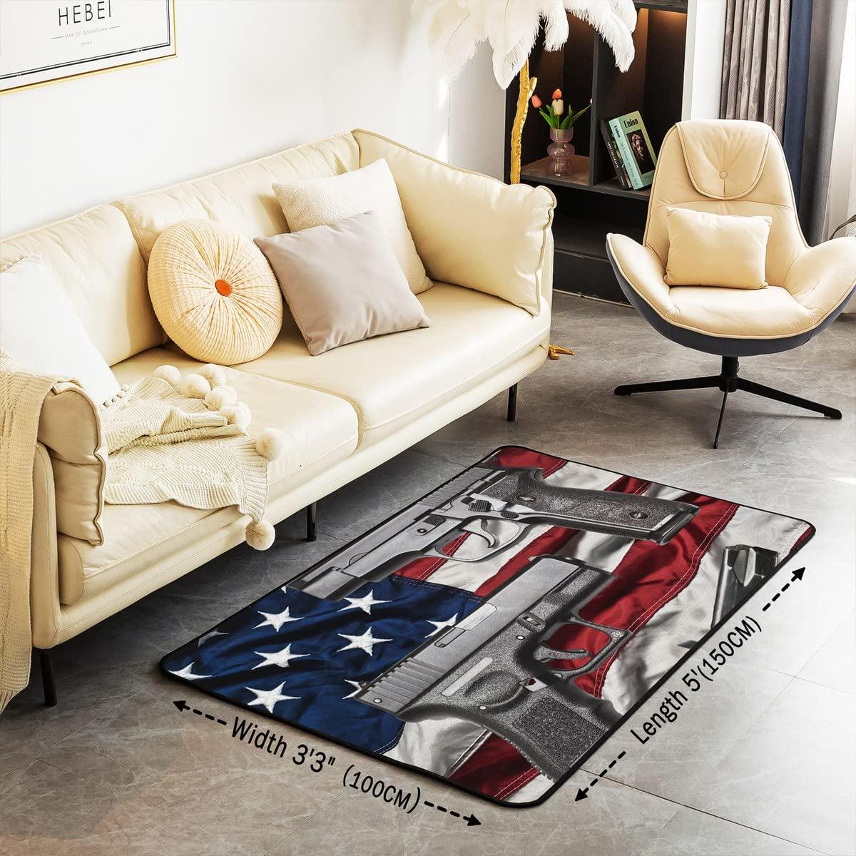 jejeloiu American Flag Area Rug 5'x7' Gun Living Room Rugs for Bedroom Home Decorative Weapon Carpet Ultra Soft Non-Slip Indoor Floor Mat