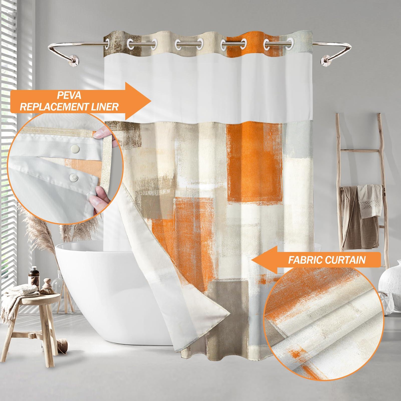 Lnond Lnond No Hook Shower Curtain with Snap in Liner, Abstract Hookless Shower Curtain, Orange Grey Shower Curtain No Hooks,Machine Washable, 71\" (W) X 74\" (H)