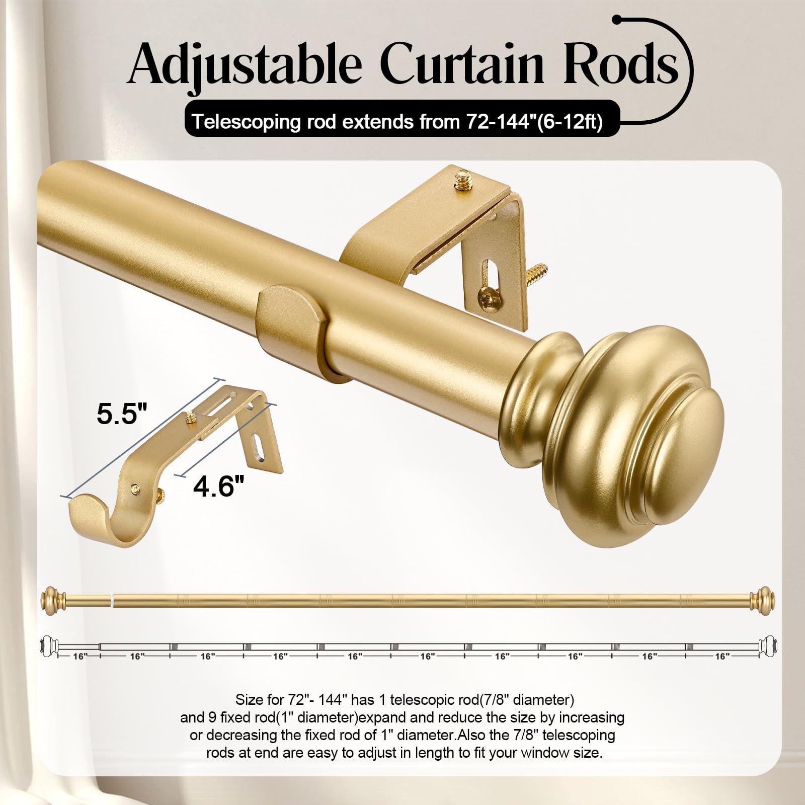 SIMEWIN SIMEWIN Heavy Duty Curtain Rods for Windows 72 to 144 Inches, 1 Inch Gold Curtain Rods for Bedroom, Living Room, Patio, Kitchen, Adjustable Curtain Rods with Classic Finials, Gold Finishing
