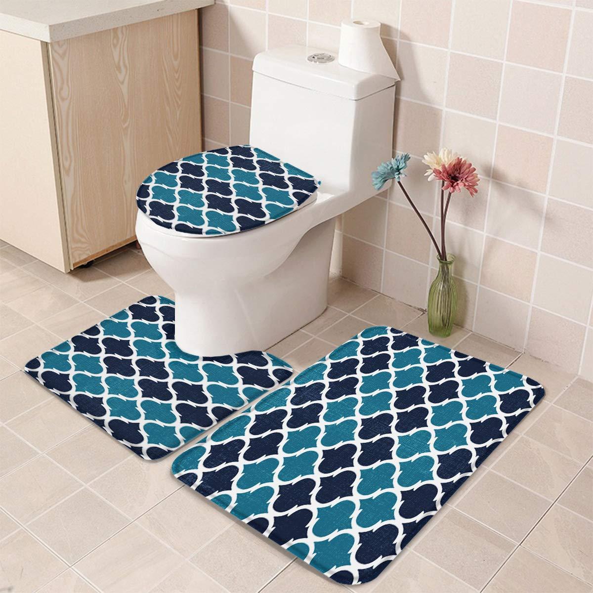 Heart Pain Heart Pain Bathroom Rug Set 3 Piece Morocco Lido Qua-Trefoil Geometric PatternBlue Navy Non-Slip Backing Bathroom Mat Anti-Skid U-Shape Contoured Toilet Mat Absorbent Toilet Seat Cover