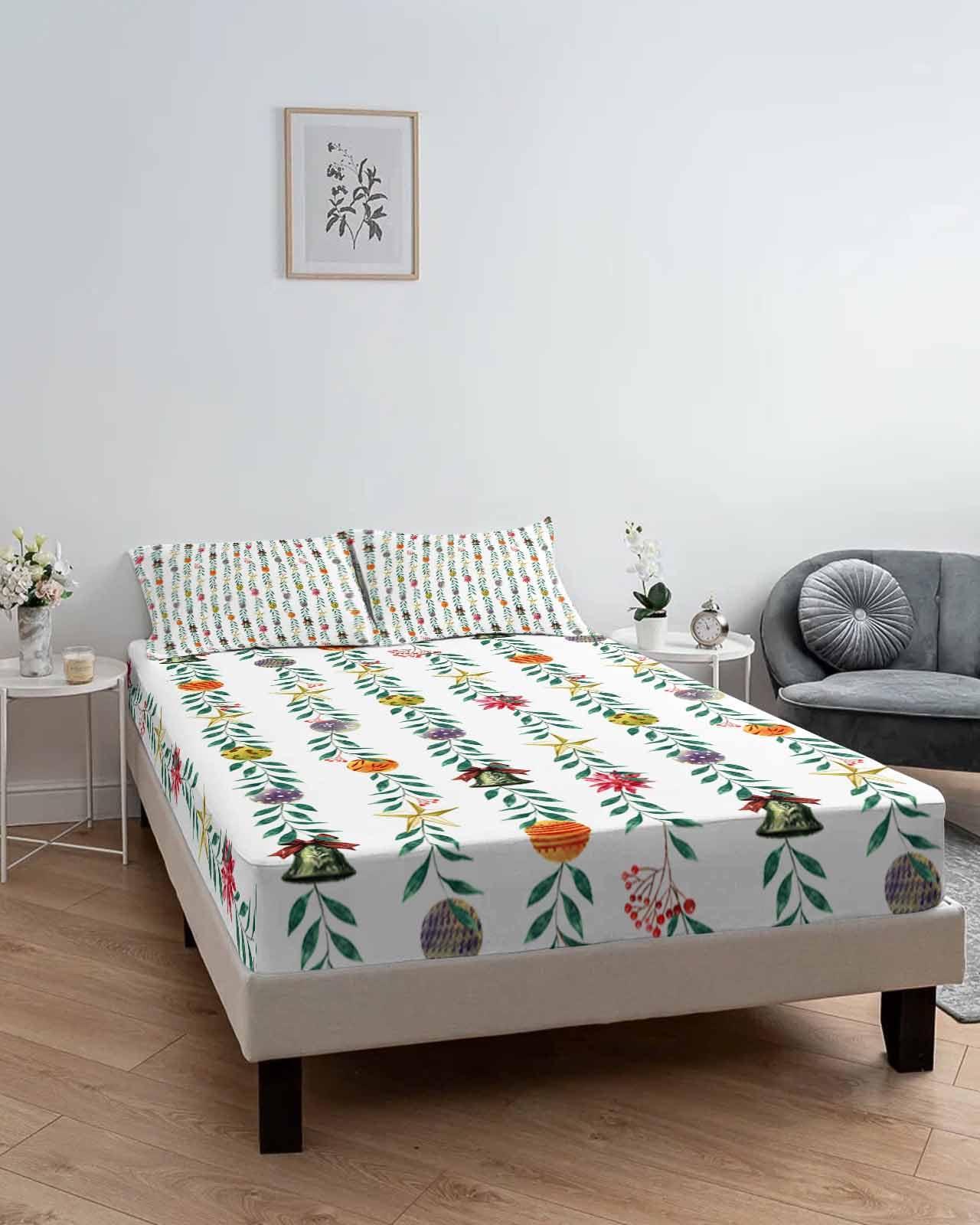 Chees D Zone Twin XL Fitted Sheet Deep Pocket Bed Sheets with Elastic, Christmas Colorful Bell Star Green Leaf Soft Brushed Microfiber Bed Sheet Set, Xmas Ornaments on White Mattress Cover with 2 Pillowcase