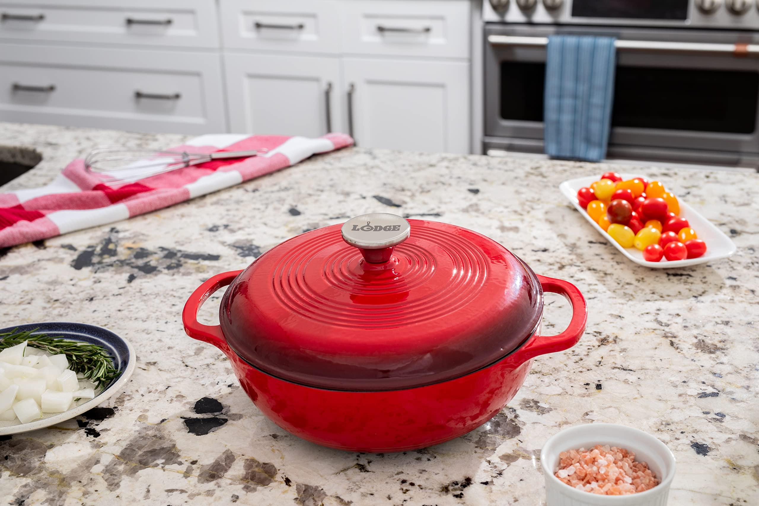 Lodge Lodge 3 Quart Enameled Cast Iron Dutch Oven with Lid Dual Handles Oven Safe up to 500 F or on Stovetop - Use to Marinate, Cook, Bake, Refrigerate and Serve Island Spice Red