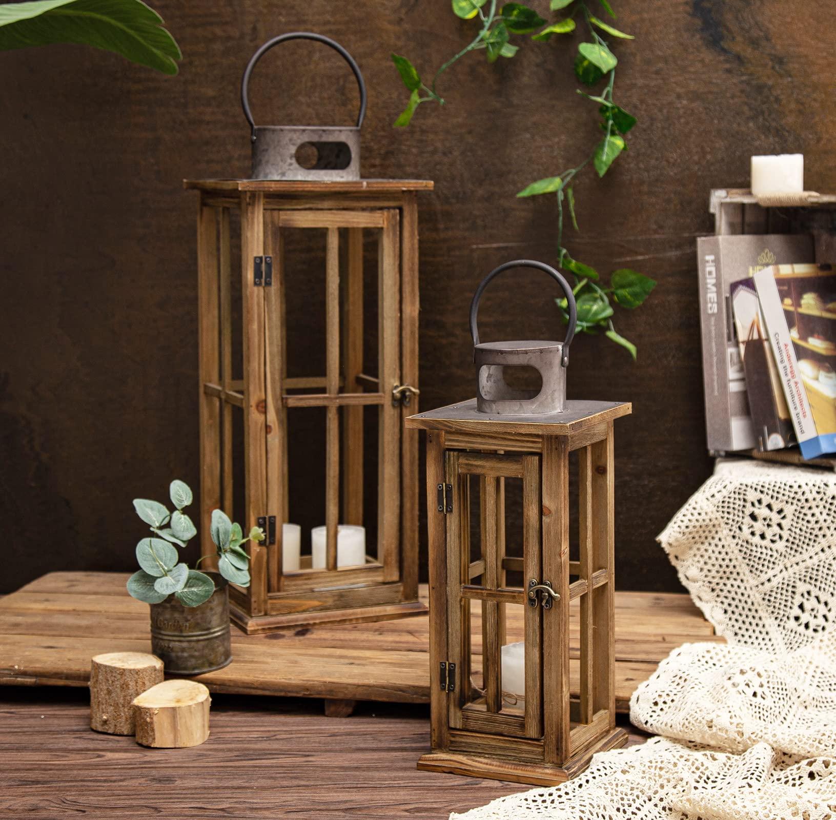 TIMRIS TIMRIS Large Farmhouse Wooden Metal Lantern Set of 2, Rustic Decorative Floor Candle Lanterns, Vintage Distressed Hanging Lanterns for Home Dcor (No Glass)