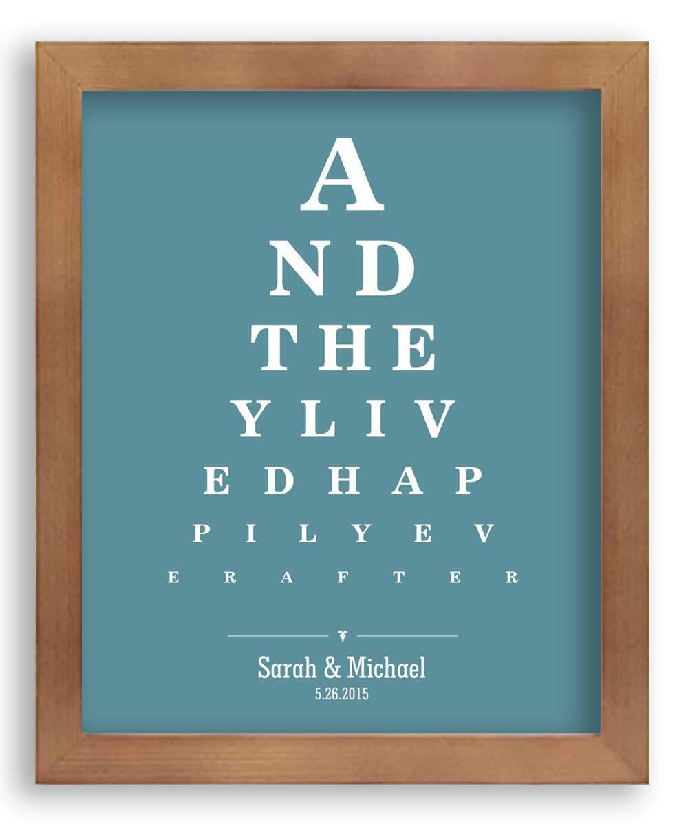 Custom Wedding Art 8X10 Framed Art Print - Personalized Gift For Couple And They Lived Happily Ever After Word Design Eye Chart on Blue Background Custom Metal Tin Print - With Solid Wood Frame & Gift Wrapping CWA-P1274
