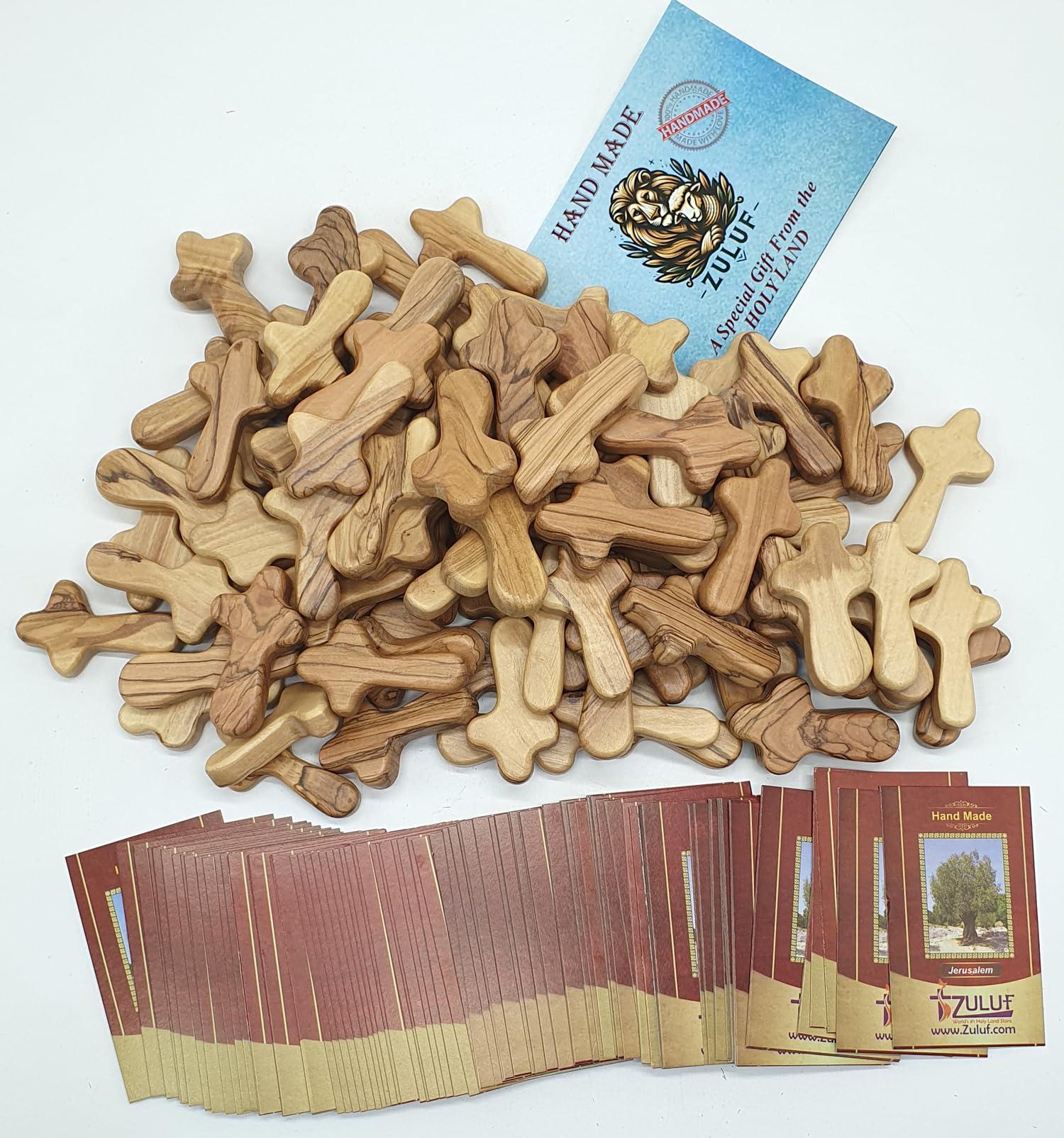 Zuluf Zuluf 100 Small Olive Wood Comfort Crosses from Bethlehem Israel | Pocket Holding Crosses | Comes With 100 Holy Land Certificates 6cm / 2.5 Inch Each Cross - CRS301