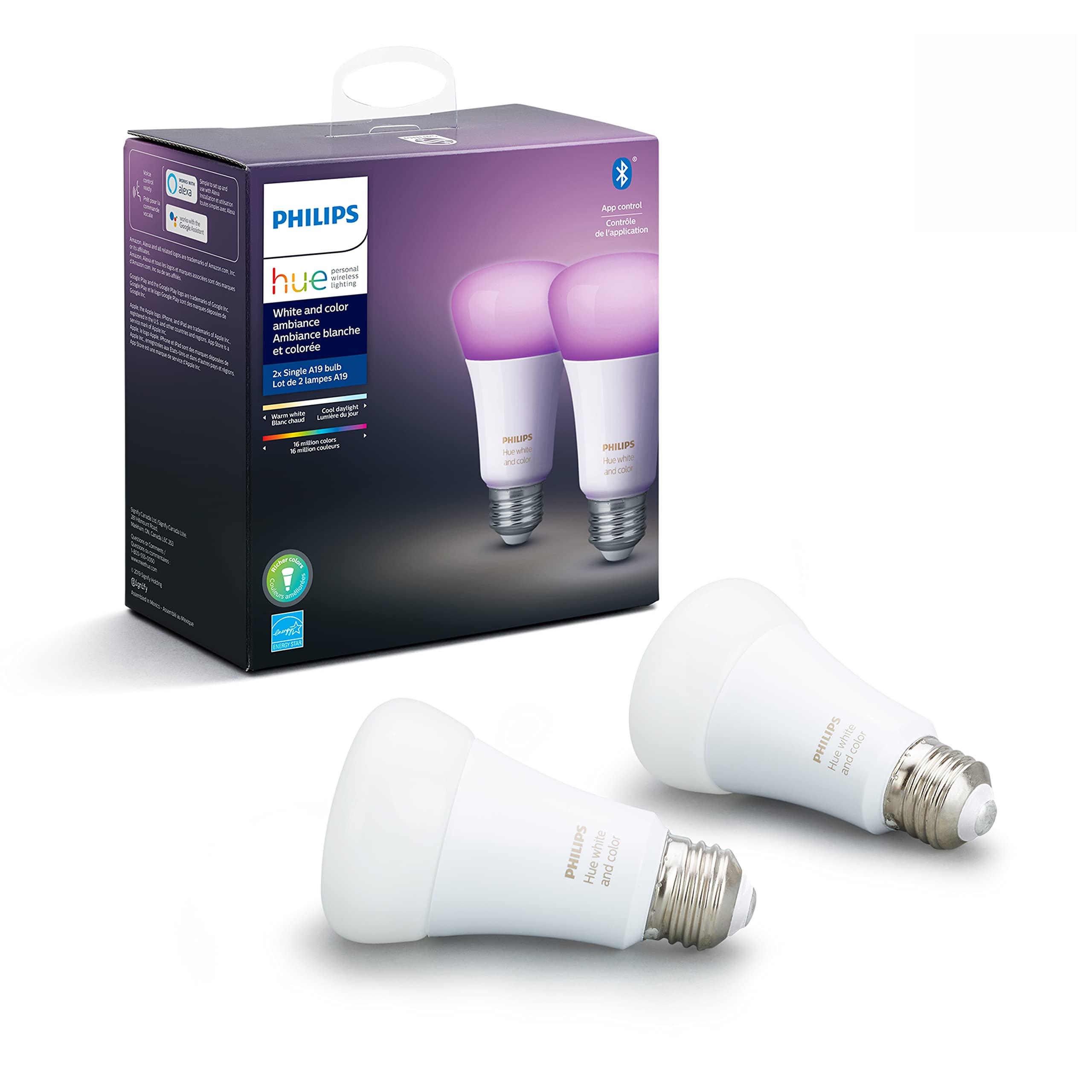 PHILIPS Philips Hue Smart 60W A19 LED Bulb - White and Color Ambiance Color-Changing Light - 2 Pack - 800LM - E26 - Indoor - Control with Hue App - Works with Alexa, Google Assistant and Apple Homekit