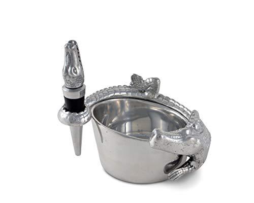 Arthur Court Arthur Court Designs Aluminum Alligator Wine Coaster / Holder and Bottle Stopper Set Gator Florida Décor 4 inch Diameter 3.5 inch Tall