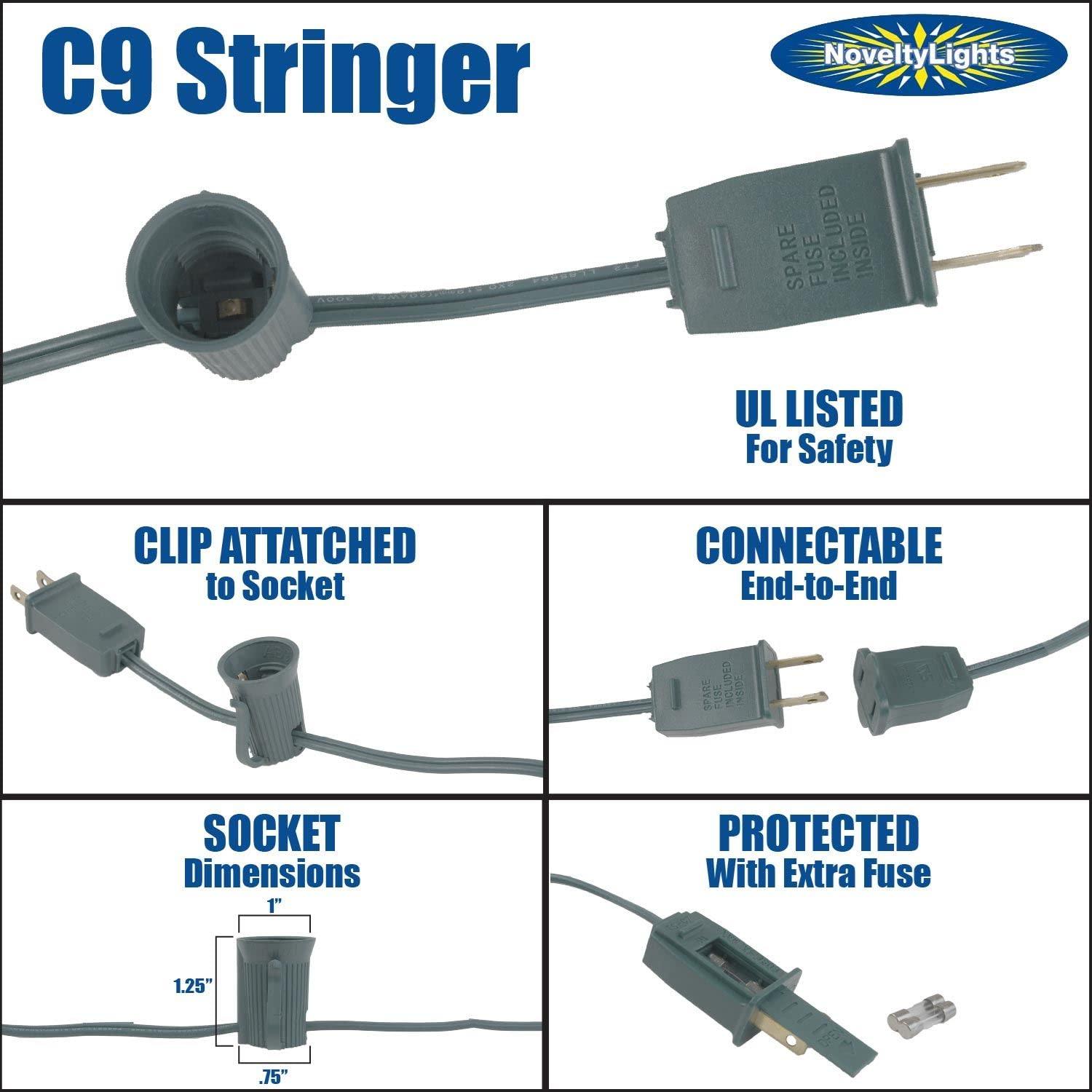 Novelty Lights Novelty Lights C9 Clear Christmas String Light Set - 25 Foot, Indoor/Outdoor, Dimmable, Green Wire