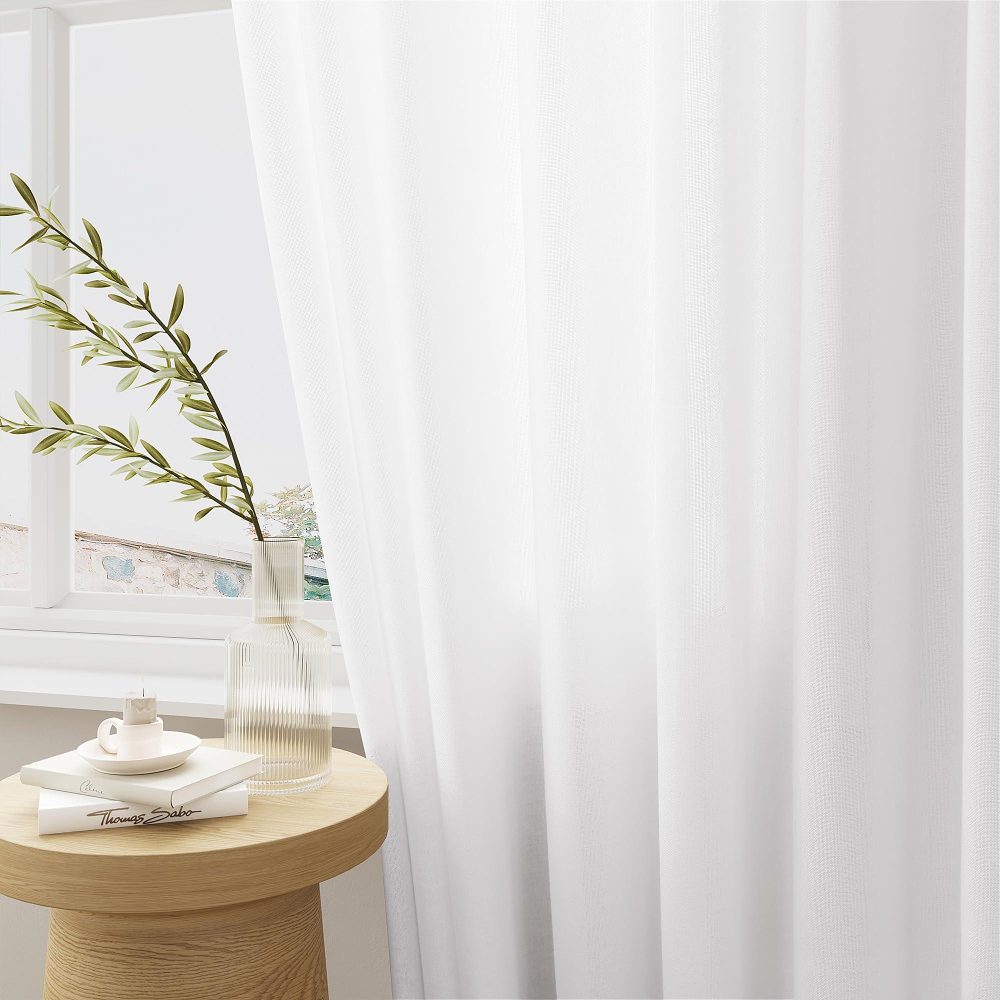DUKIYO White Linen 100 Inch Wide Curtains 90 Inches Long for Living Room Divider Light Filtering Semi Sheer Modern Farmhouse Pleated Curtain with Hooks Rings for Patio Sliding Door Dining Room Large Window