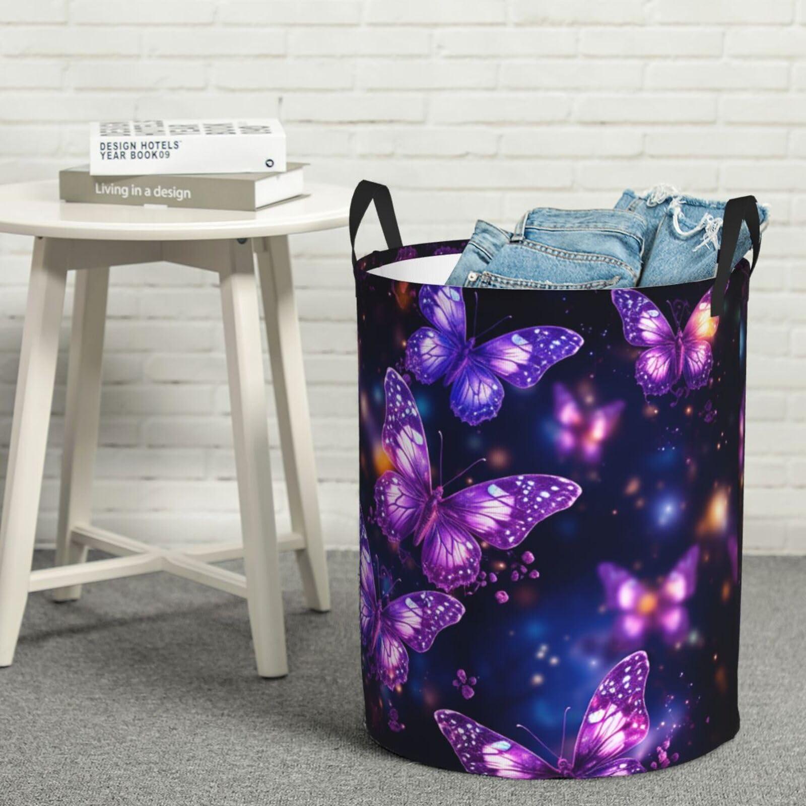 NONHAI Large Laundry Basket purple cute butterfly print Foldable Laundry Hamper Waterproof Collapsible Washing Bin Clothes Bag Freestanding Dirty Clothes Hampers for Laundry, Bedroom, Dorm