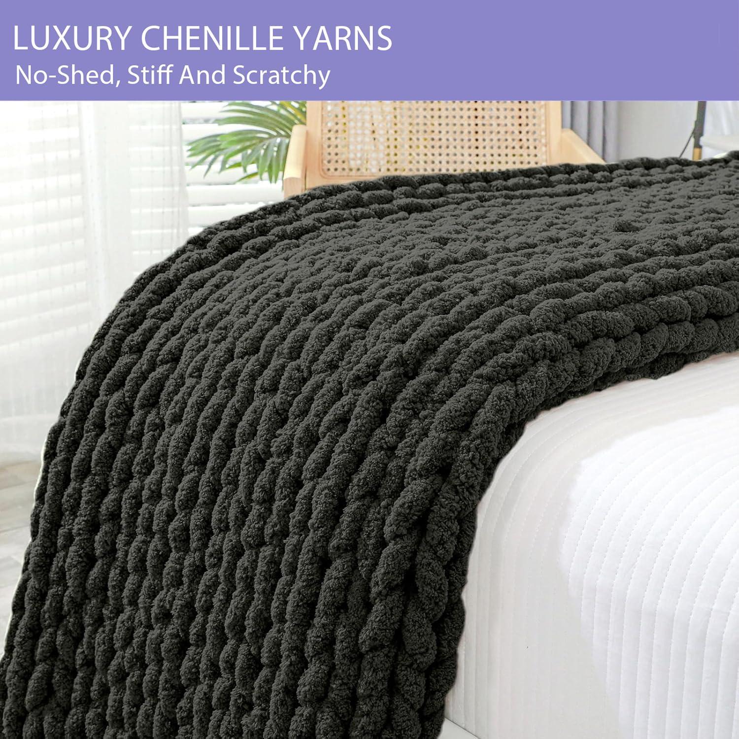 Bigacogo Bigacogo Chunky Knit Throw Blanket for Couch, 40x40 inches, 100% Hand Knitted with Thick Jumbo Chenille Yarn, Cozy Soft Large Rope Knot Cable Crochet Blankets for Sofa Bed Living Room, Dark Grey