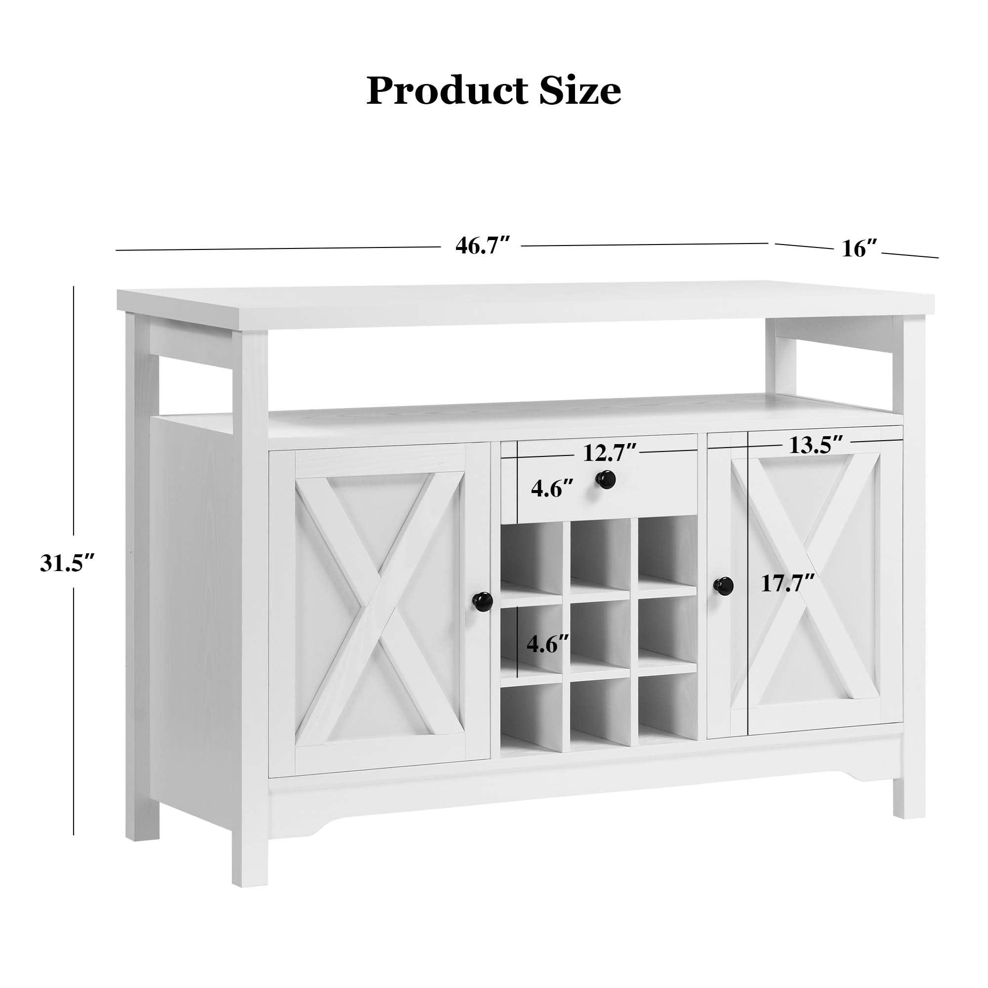Catrimown Coffee Bar Cabinet with Storage, 47 White Coffee Station Cabinet, Farmhouse Coffee Bar Buffet Cabinet with Drawer, 9 Wine Racks, Barn Doors for Kitchen, Living Room