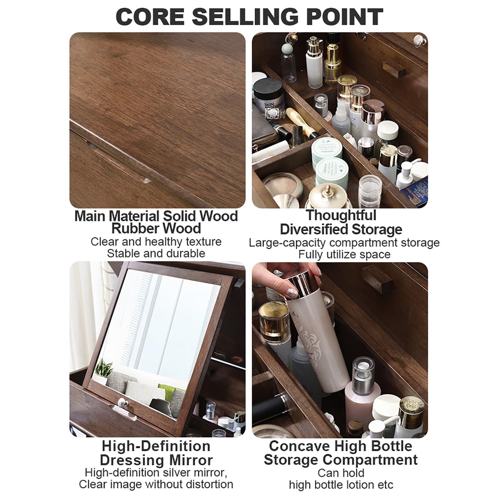 BAYTEWJX Small Vanity Table for Bedroom Vanity Desk with Mirror Makeup Vanity Table Front High-Definition Silver Mirror Large Storage Capacity Easy to Move Space-Saving for Women Girls Bedroom.(Walnut)