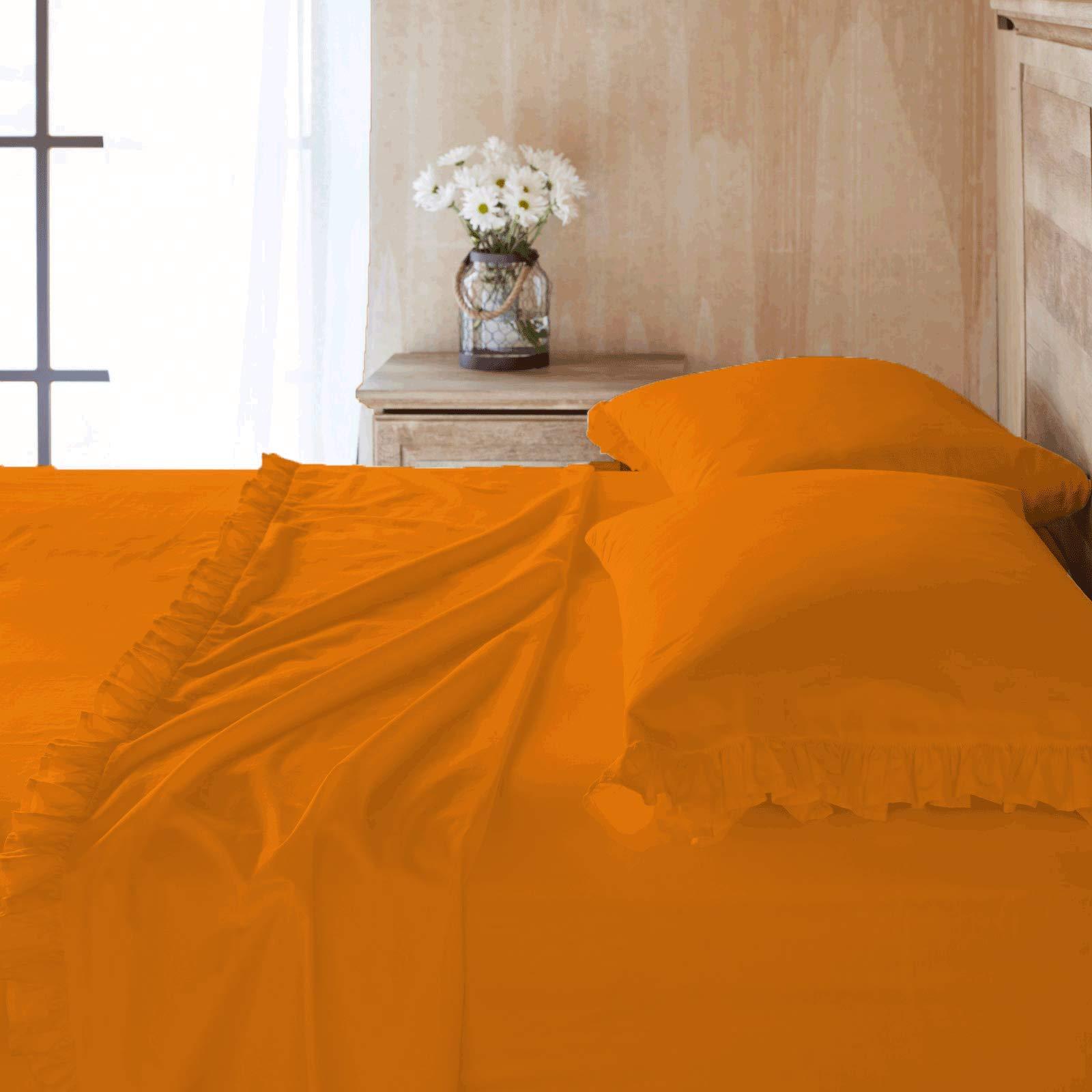 Egyptian Home Linen Solid 25\" Deep Pocket Ruffle Bed Sheet Set 6 Piece Set 600TC Egyptian Cotton (Orange, Olympic Queen)