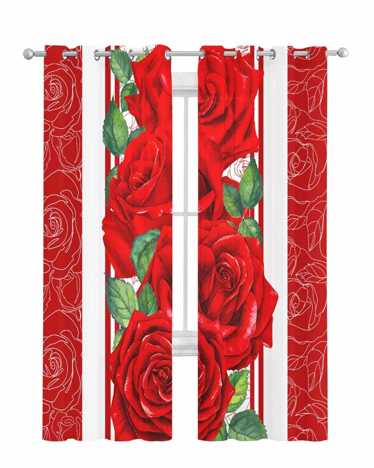 Onekaccu Red Rose Flower Sheer Curtains 84 Inch Length 2 Panels Set, Grommet Kitchen Curtains Sheer Window Curtain for Living Room Bedroom Light & Airy Privacy Drapes Romantic Valentines Day Spring Floral