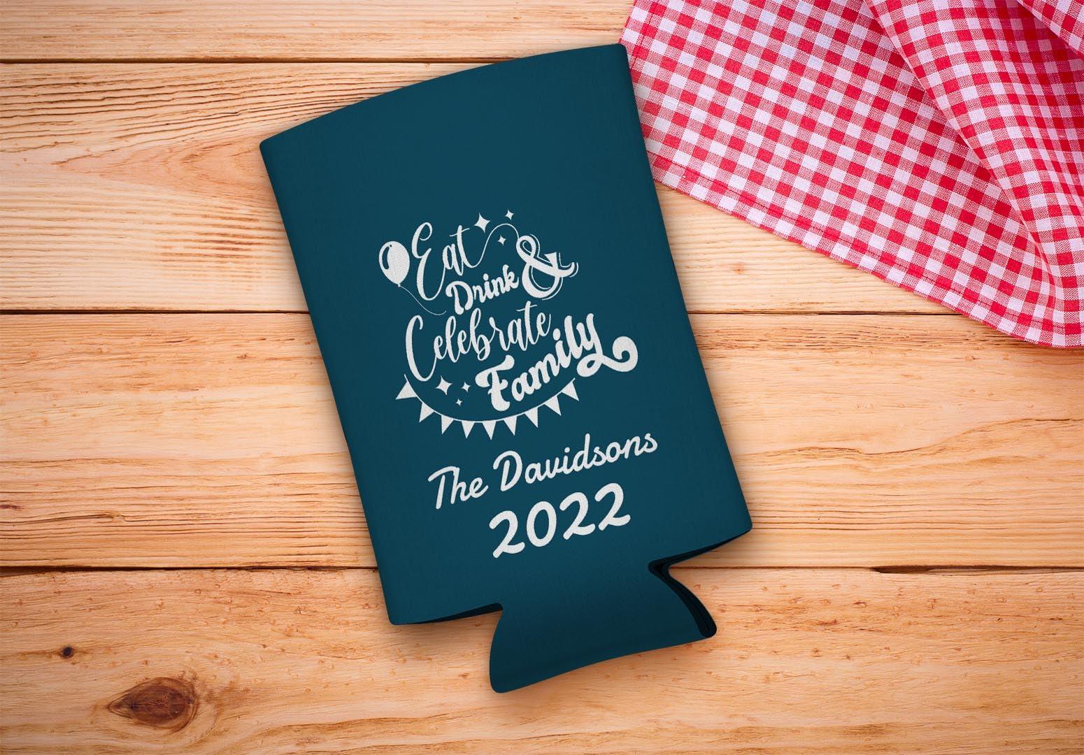 Personalized Gifts Custom Family Reunion Gifts Personalized Eat Drink Celebrate Family 6-Pack Personalized Ultra Slim Drink Sleeves Dark Teal