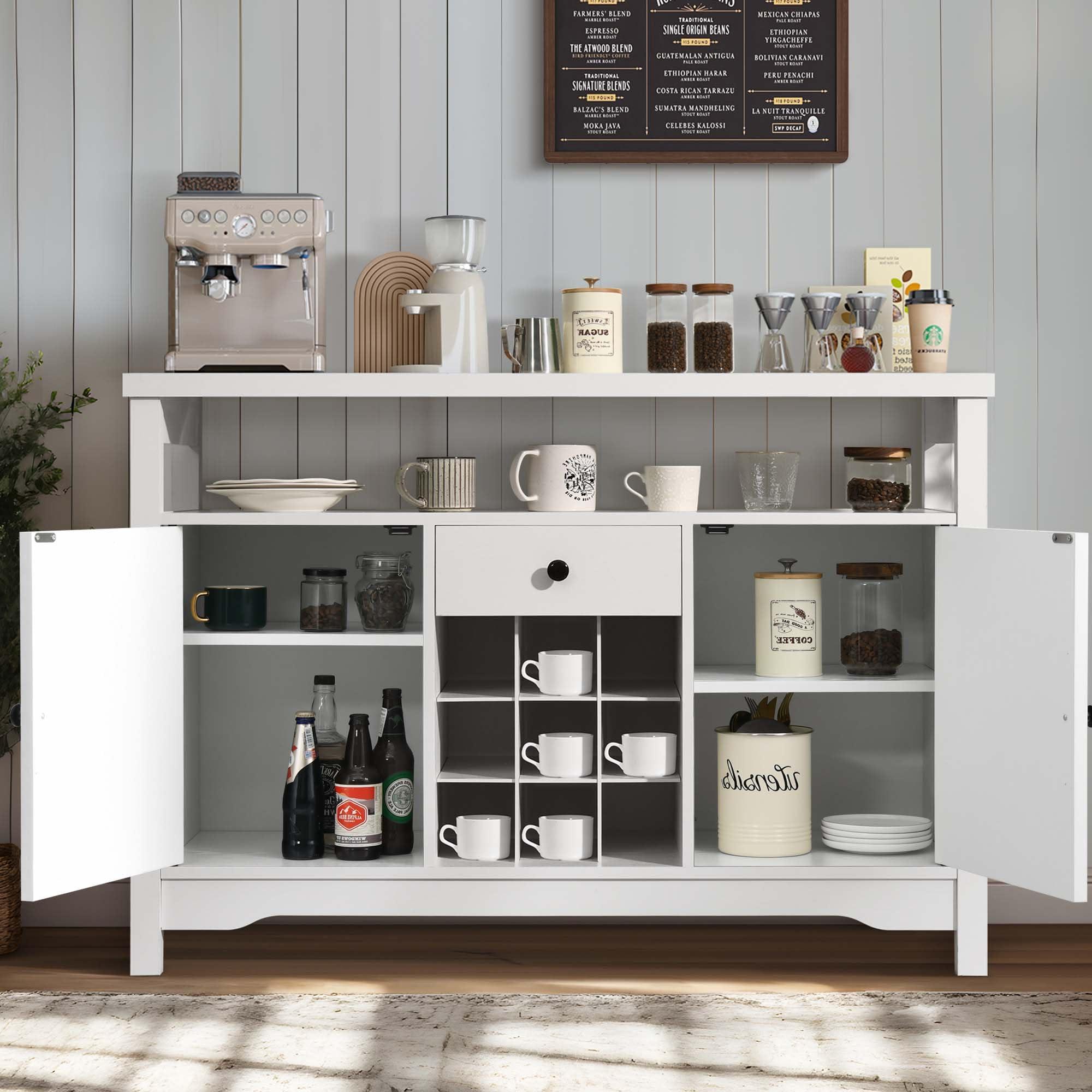 Catrimown Coffee Bar Cabinet with Storage, 47 White Coffee Station Cabinet, Farmhouse Coffee Bar Buffet Cabinet with Drawer, 9 Wine Racks, Barn Doors for Kitchen, Living Room