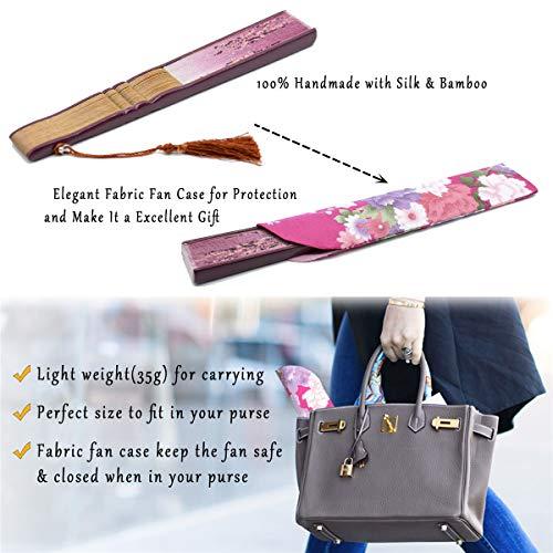 OMyTea OMyTea® 8.27"(21cm) Women Hand Held Silk Folding Fans with Bamboo Frame - with a Fabric Sleeve for Protection for Gifts - Chinese/Japanese Style Butterflies and Morning Glory Flowers Pattern (Red)