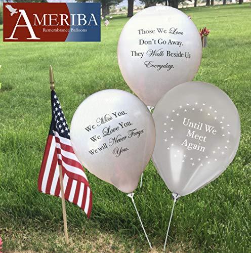AMERIBA 30PC Biodegradable Remembrance Balloons: White & Silver Personalizable Funeral Balloons for Balloon Releases & Sympathy Gifts | Created/Sold by AMERIBA, a USA company (Variety Pk White, Black Writing)