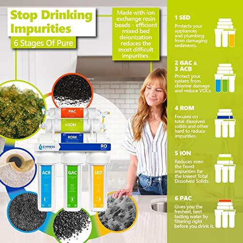 EXPRESS WATER Express Water Reverse Osmosis Deionization Water Filtration System 6 Stage RO Water Filter with Faucet and Tank Under Sink Water Filter with Deionization Water Filter 100 GPD