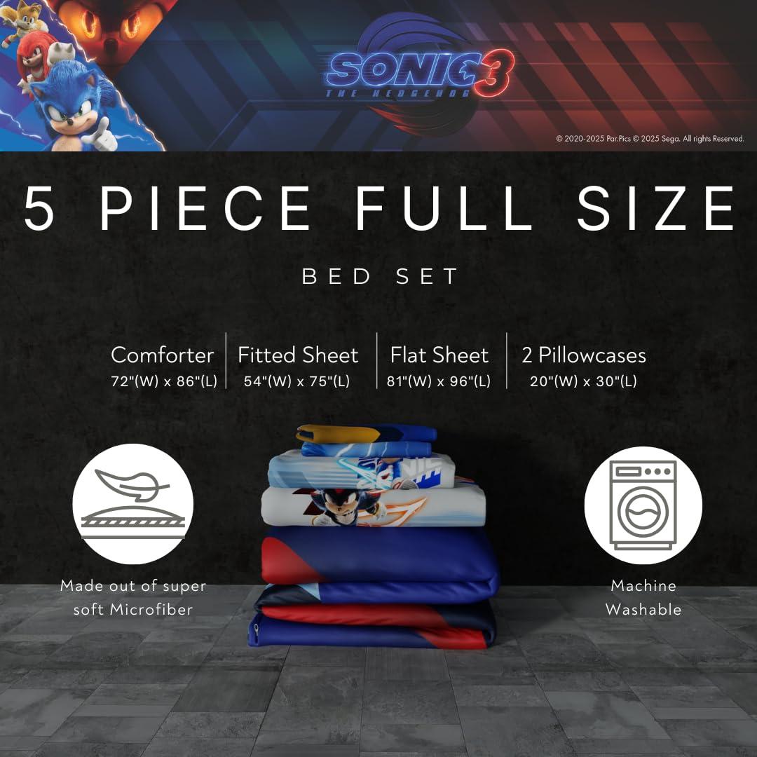 Franco Franco Sonic The Hedgehog 3 Movie Kids Bedding Super Soft Comforter and Sheet Set, 4 Piece Twin Size, (Officially Licensed Product)