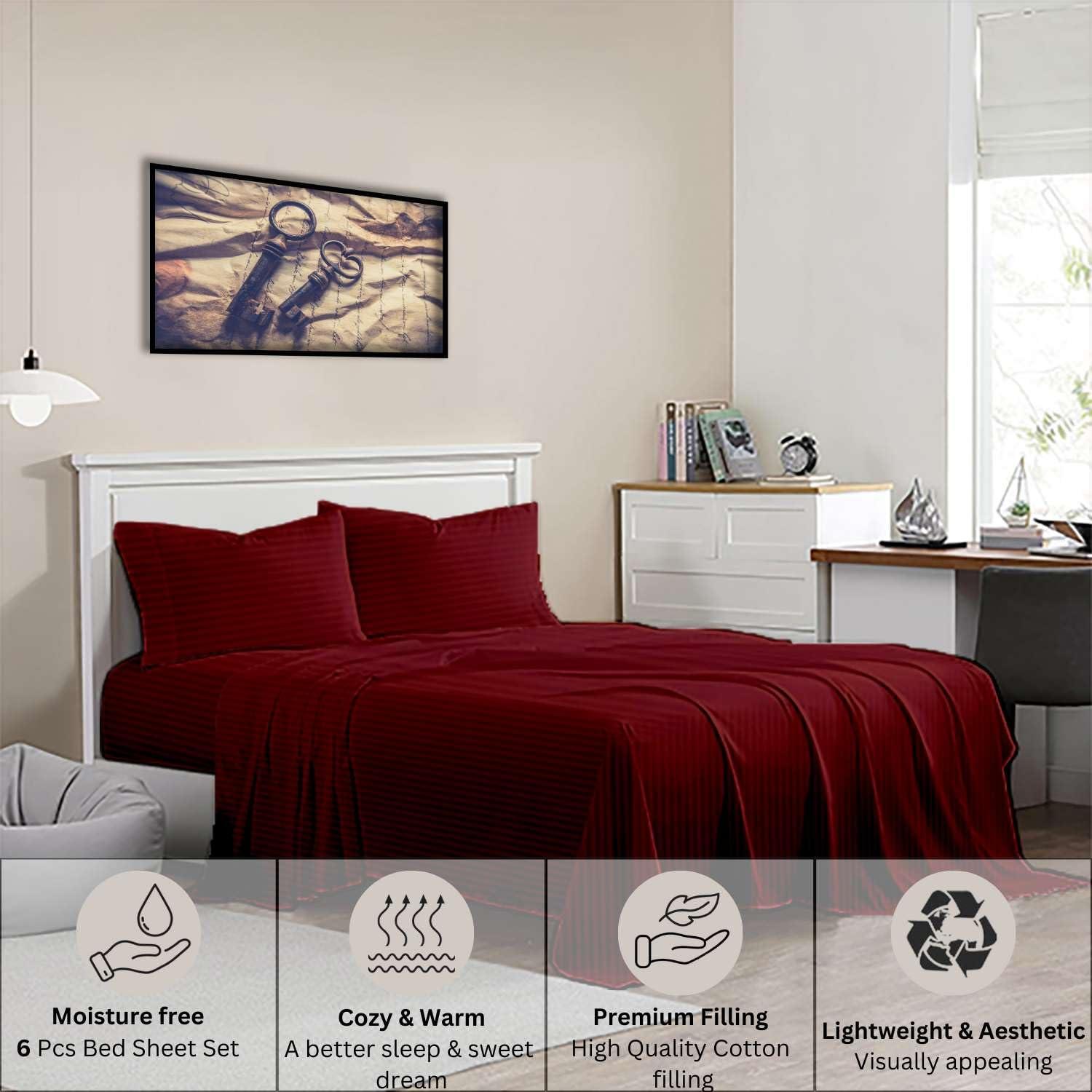 NON Sticky cotton Queen Size Sheet Set - 6 Piece Set - 400-Thread-Count 100% Egyptian Cotton Bed Sheets - Deep Pockets - Easy Fit - Bed Sheets Queen Size Set - Burgundy Stripe Bed Sheets - Queens Sheets - 6 PC
