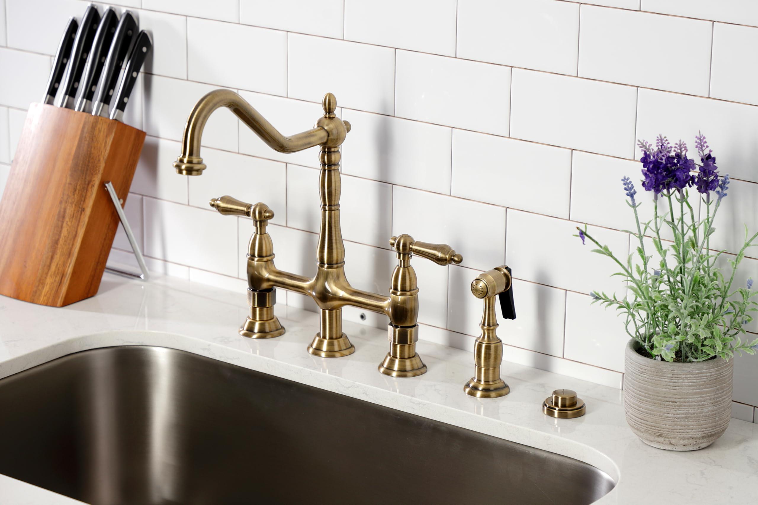 Kingston Brass Kingston Brass KS1273ALBS Heritage 8-Inch Kitchen Bridge Faucet with Brass Sprayer, Antique Brass