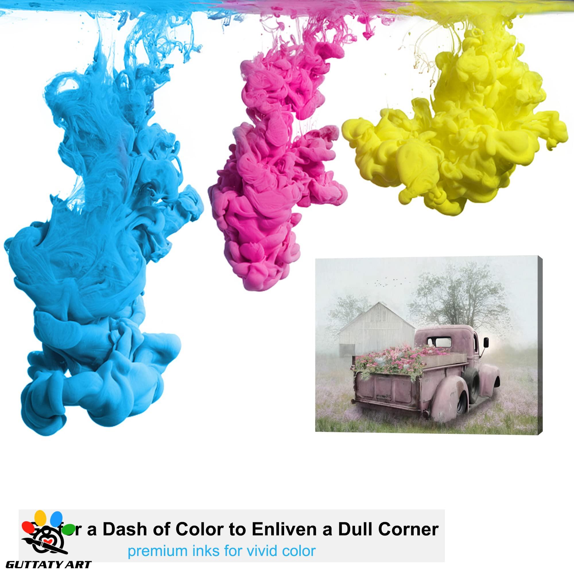 GUTTATY Farmhouse Truck Wall Art, Farmhouse Canvas Wall Art, White Barn Pictures Wall Art, Country Antique Pickup Truck Canvas Prints, Pink Truck With Petunias Canvas Wall Decor for Livingroom 28x40 Inches