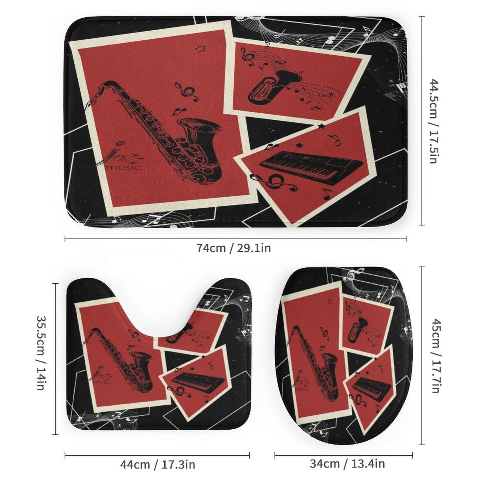 brebasf Brebasf Jazz Music 4 Pcs Shower Curtain Bathroom Set Retro Music Sax Jazz Instrument Red Shower Mat Shower Curtain with Rug 12 Hooks,72\" W x 72\" L