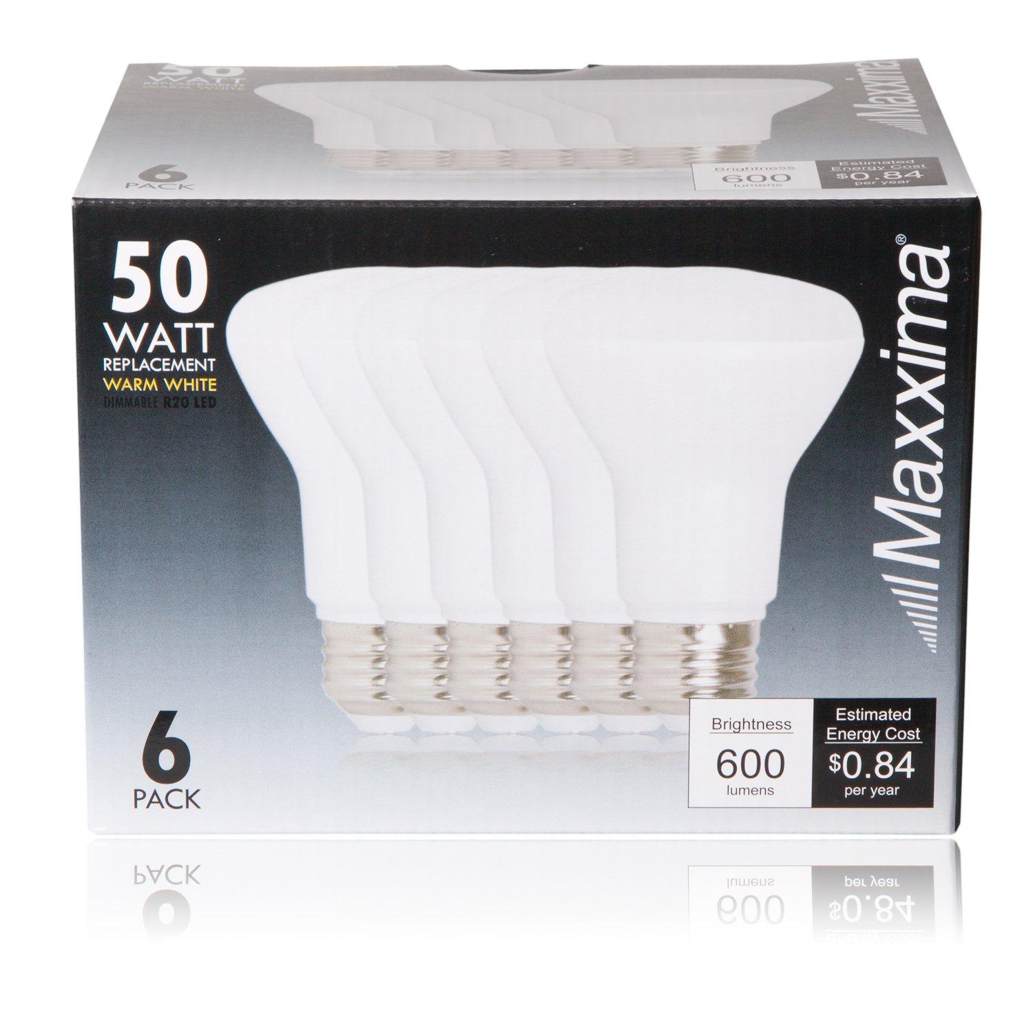 Maxxima Maxxima LED BR20 Bulbs - 50 Watt Equivalent Dimmable 7 Watt Warm White 3000K R20 LED Lightbulb, 600 Lumens, Featuring an E26 Base, Ideal for Track or Recessed Lighting - 6 Pack