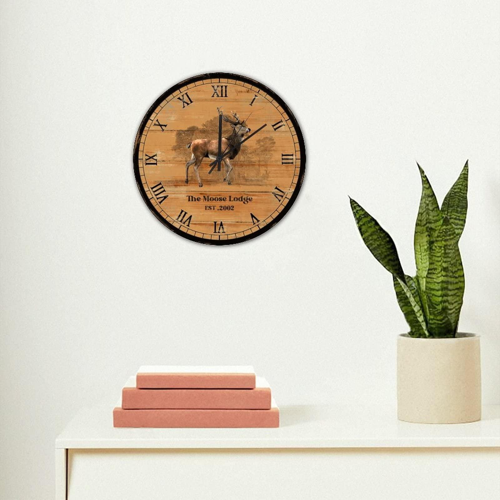 LetusZhogo Moose Clock Personalized Rustic Moose Wall Clock Country Rustic Cabin Wood Clock 12 Inch Rustic Chic Wall Clock Non Ticking Silent Rustic Home Decor for Kitchen/Dining Room/Bedroom/Office/School