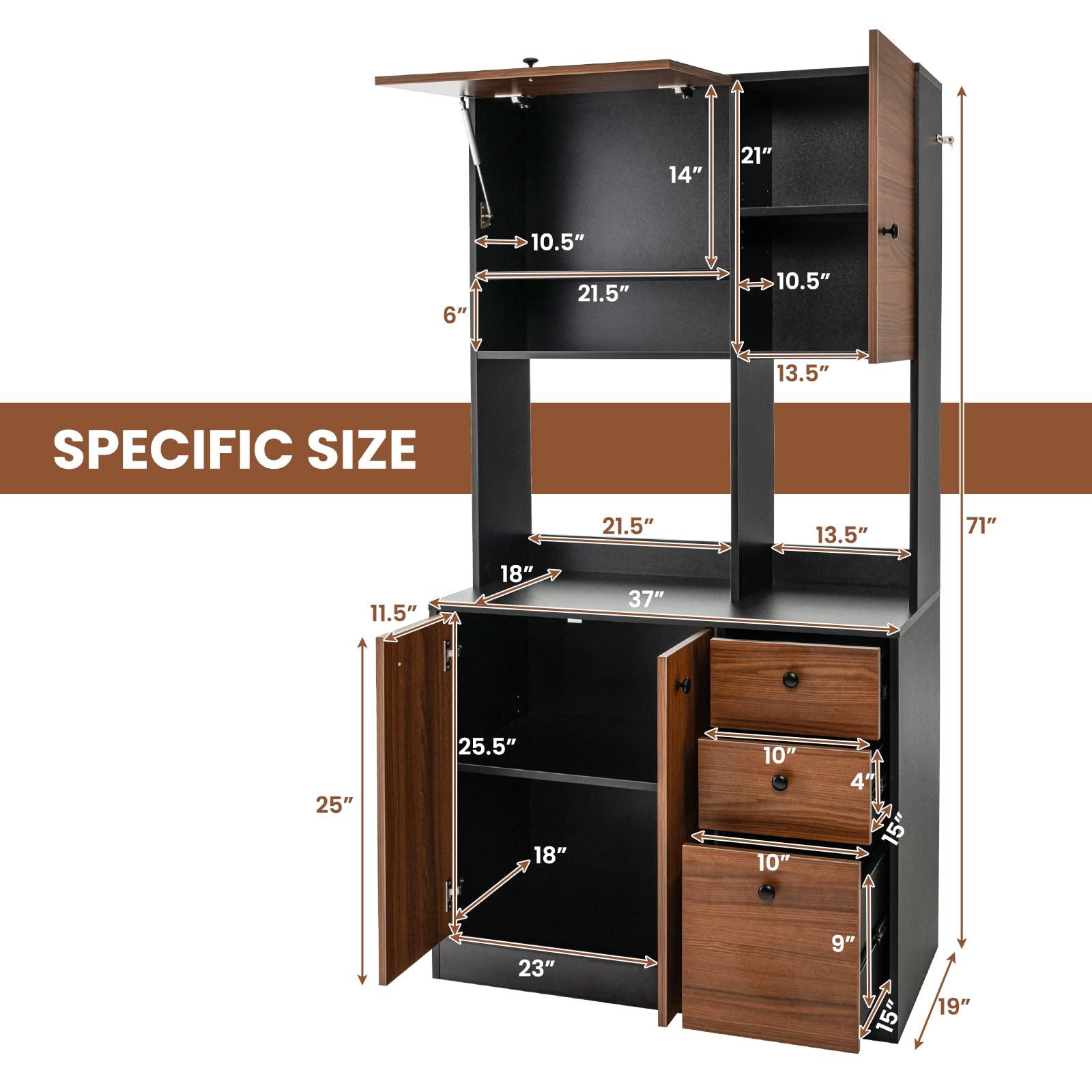 LOKO LOKO 71 Tall Kitchen Pantry Storage Cabinet, Freestanding Buffet Hutch with Doors, Adjustable Shelves, 3 Drawers and Microwave Stand, Kitchen Hutch for Dining Room, Living Room (Walnut)