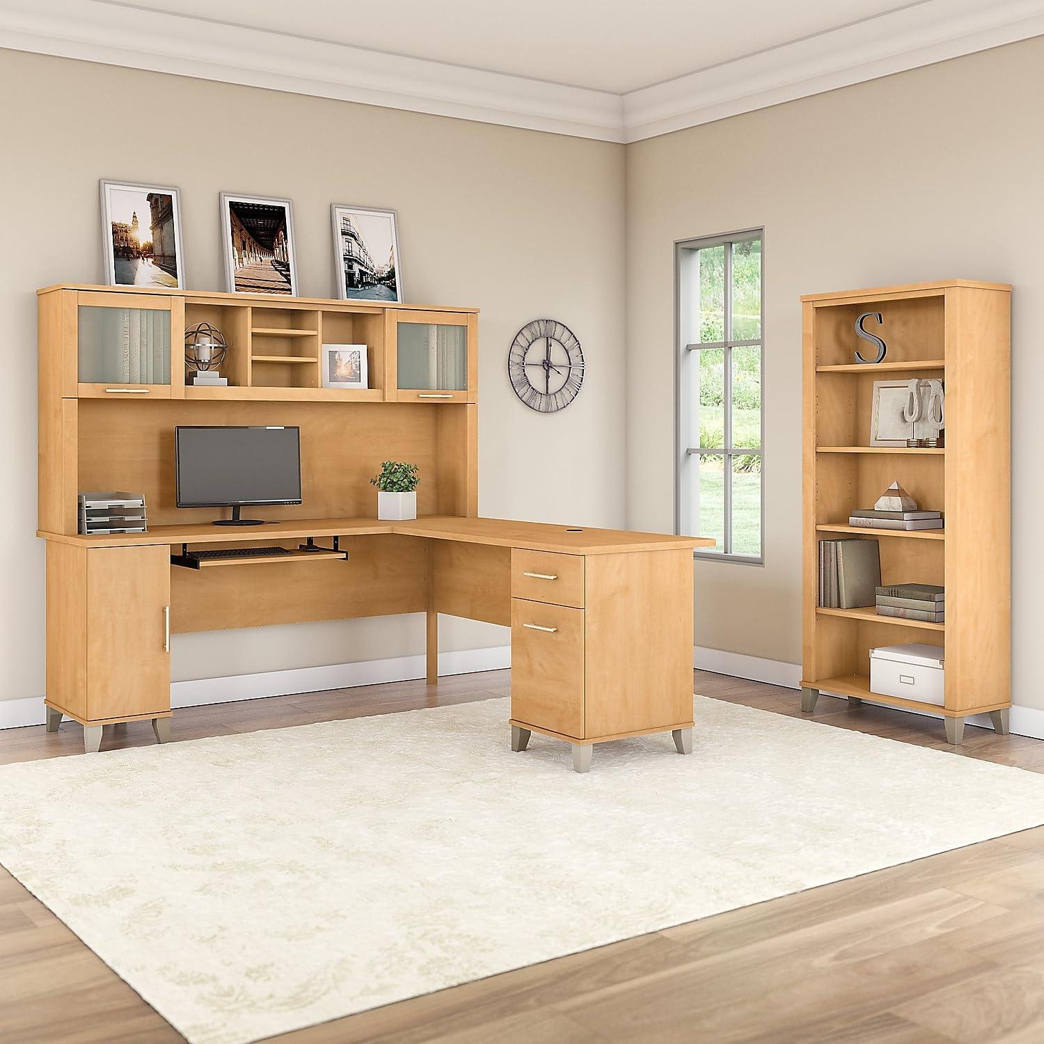 Bush Business Furniture Bush Furniture Somerset 72W L Shaped Desk with Hutch and 5 Shelf Bookcase in Maple Cross