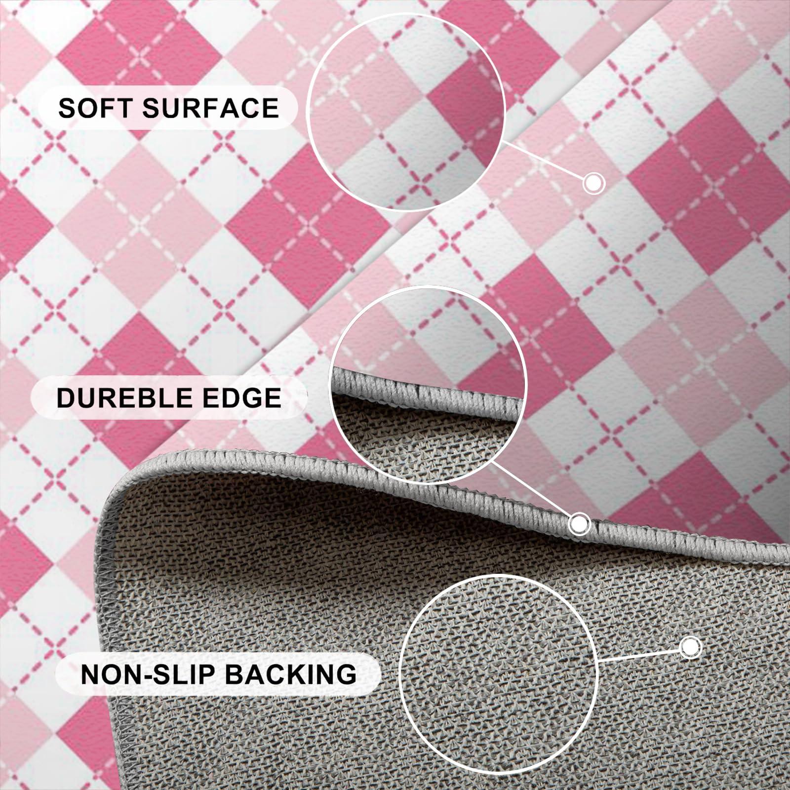 SRAELO Pink White Checkered Rug 2x6ft Geometric Diamond Texture Rugs for Living Room, Machine Washable Low-Pile Abstract Checkered Pattern Floor Carpet for Kids Boys Girls Playing Room Dorm