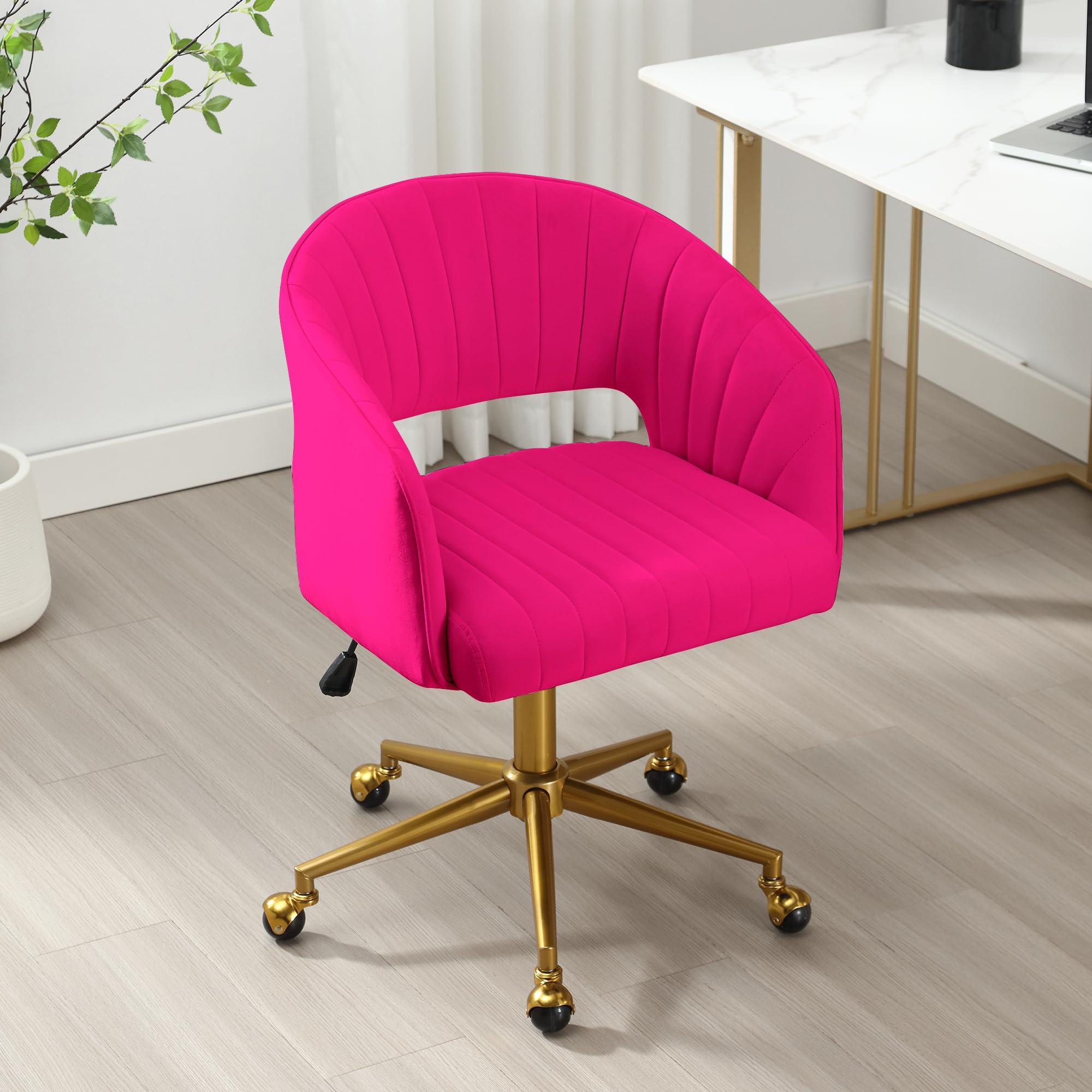 ABET ABET Desk Chair with Wheels, Velvet Home Office Chair, Swivel Armchair Gold Base, Upholstered Modern Accent Chairs, Back Incline Adjustable for Living Room Bedroom Vanity, Hot Pink